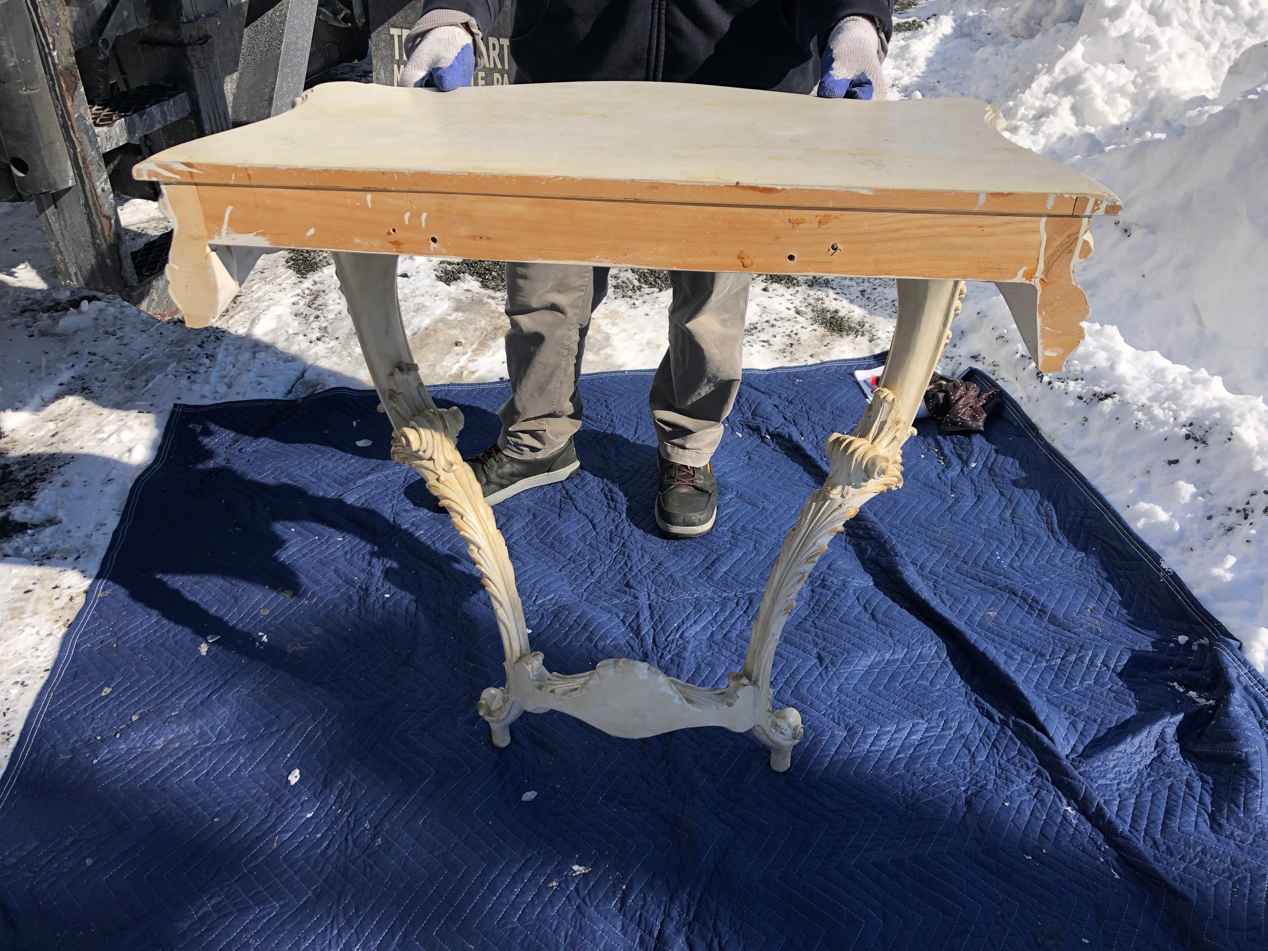 Louis XV Style Relief Carved Antiqued Ivory Painted Parcel-Gilt Console Table 9
