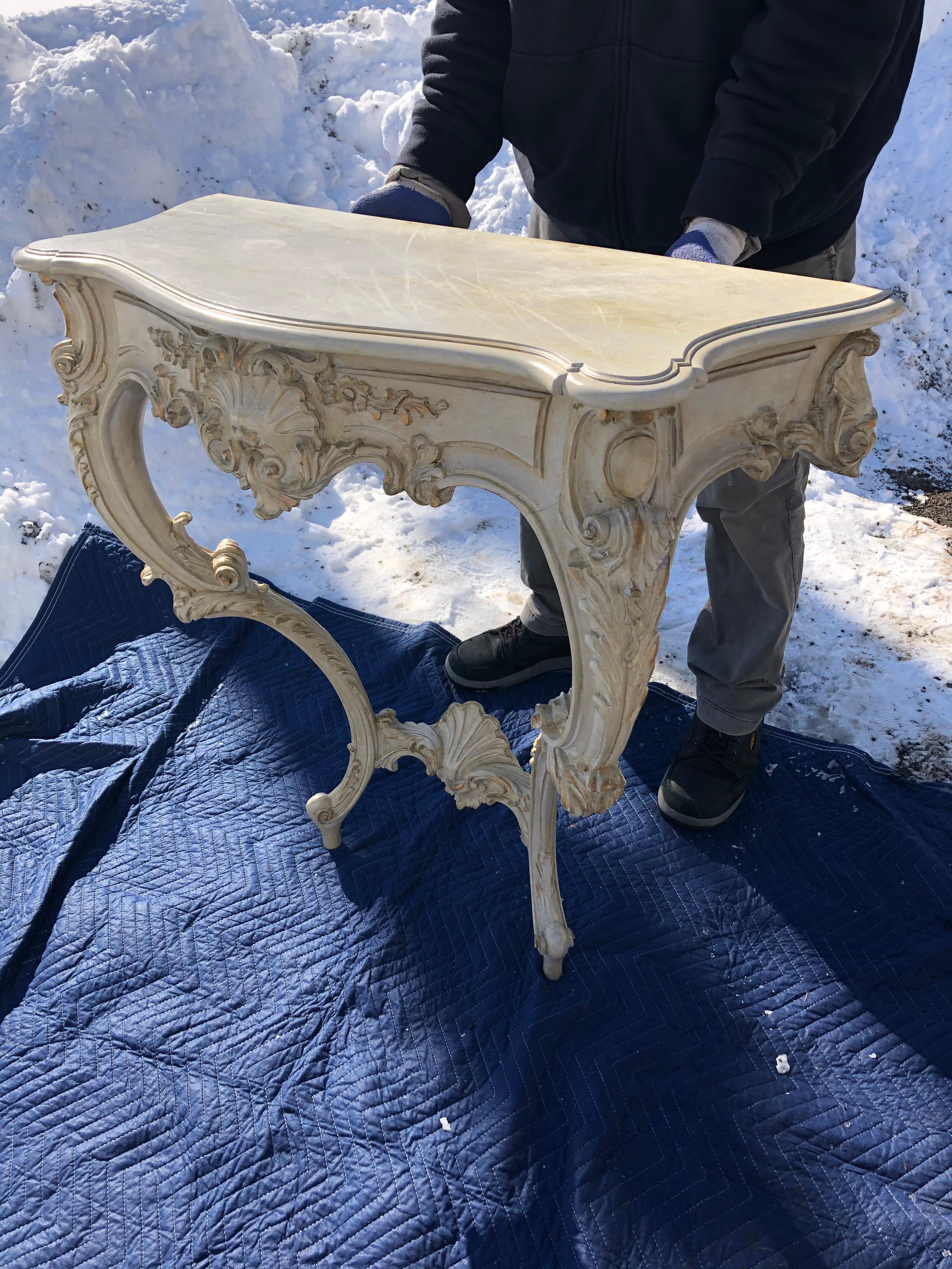 French Louis XV Style Relief Carved Antiqued Ivory Painted Parcel-Gilt Console Table For Sale