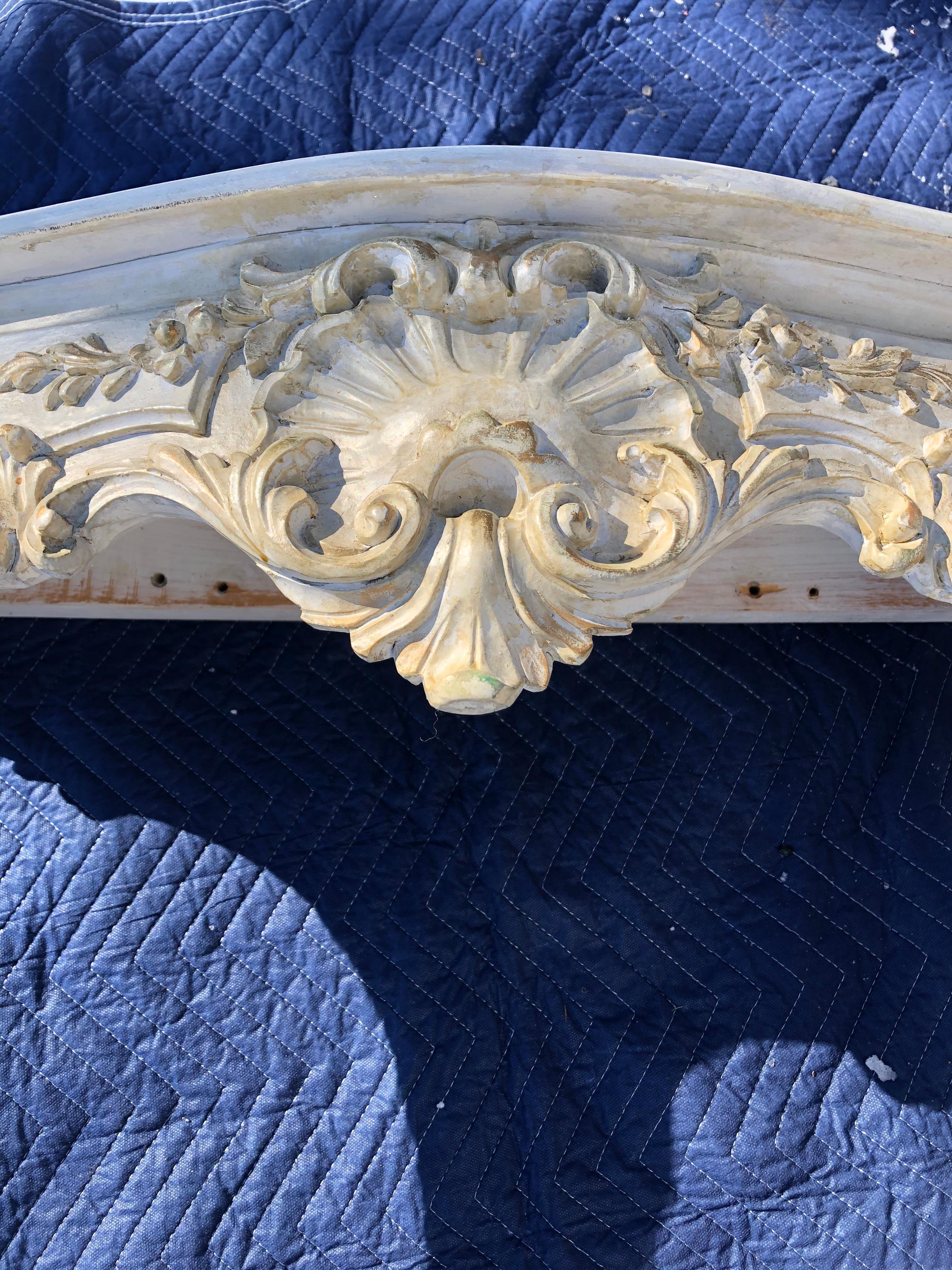 Louis XV Style Relief Carved Antiqued Ivory Painted Parcel-Gilt Console Table For Sale 3