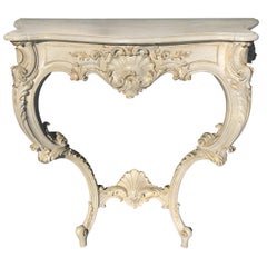 Vintage Louis XV Style Relief Carved Antiqued Ivory Painted Parcel-Gilt Console Table