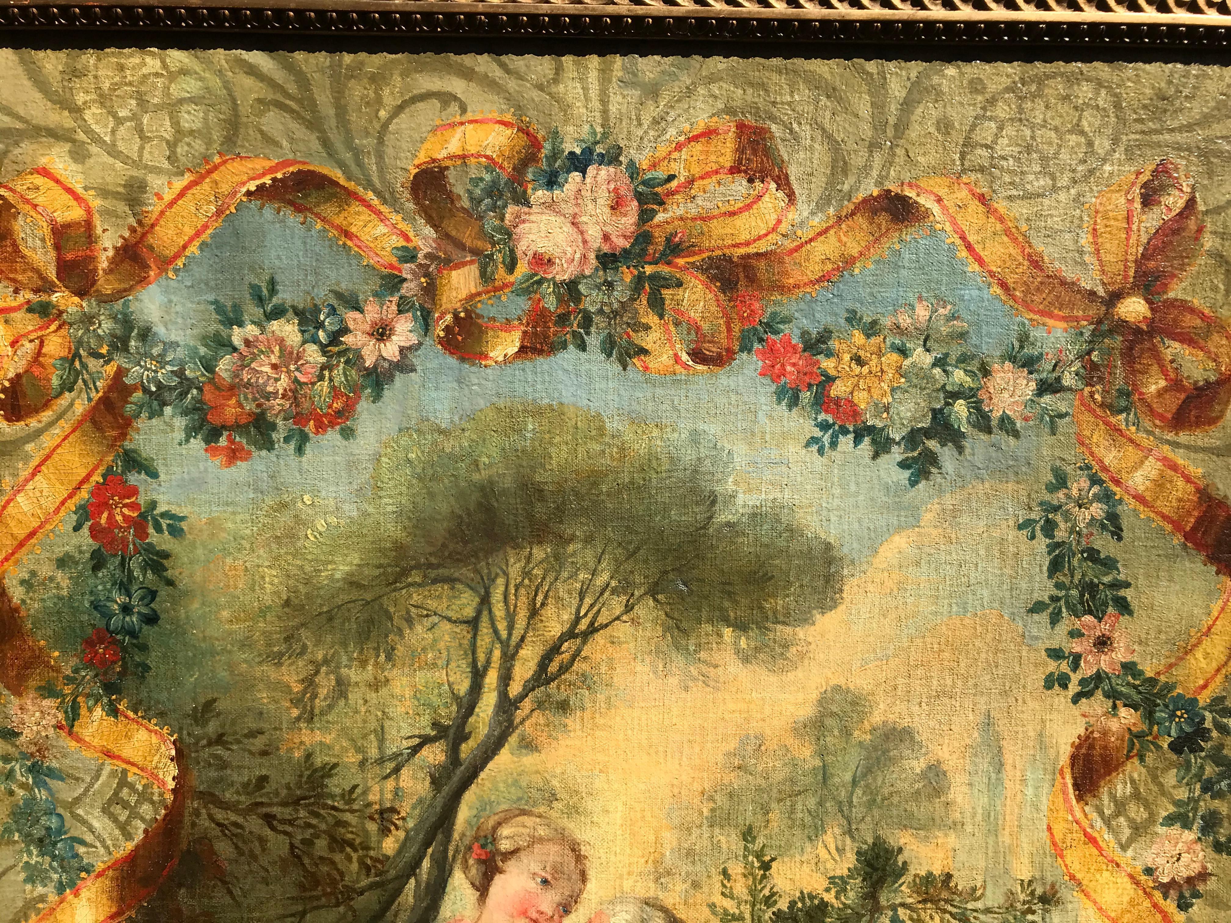 Probably a variation of ‘Spring’ After Boucher’s Four Seasons. Highly decorative. Typical rococo frivolity and color palette. Garlands and festoons of flowers with intertwined ribbon. Attractive couple in noble class dress. Warm cheerful colors as