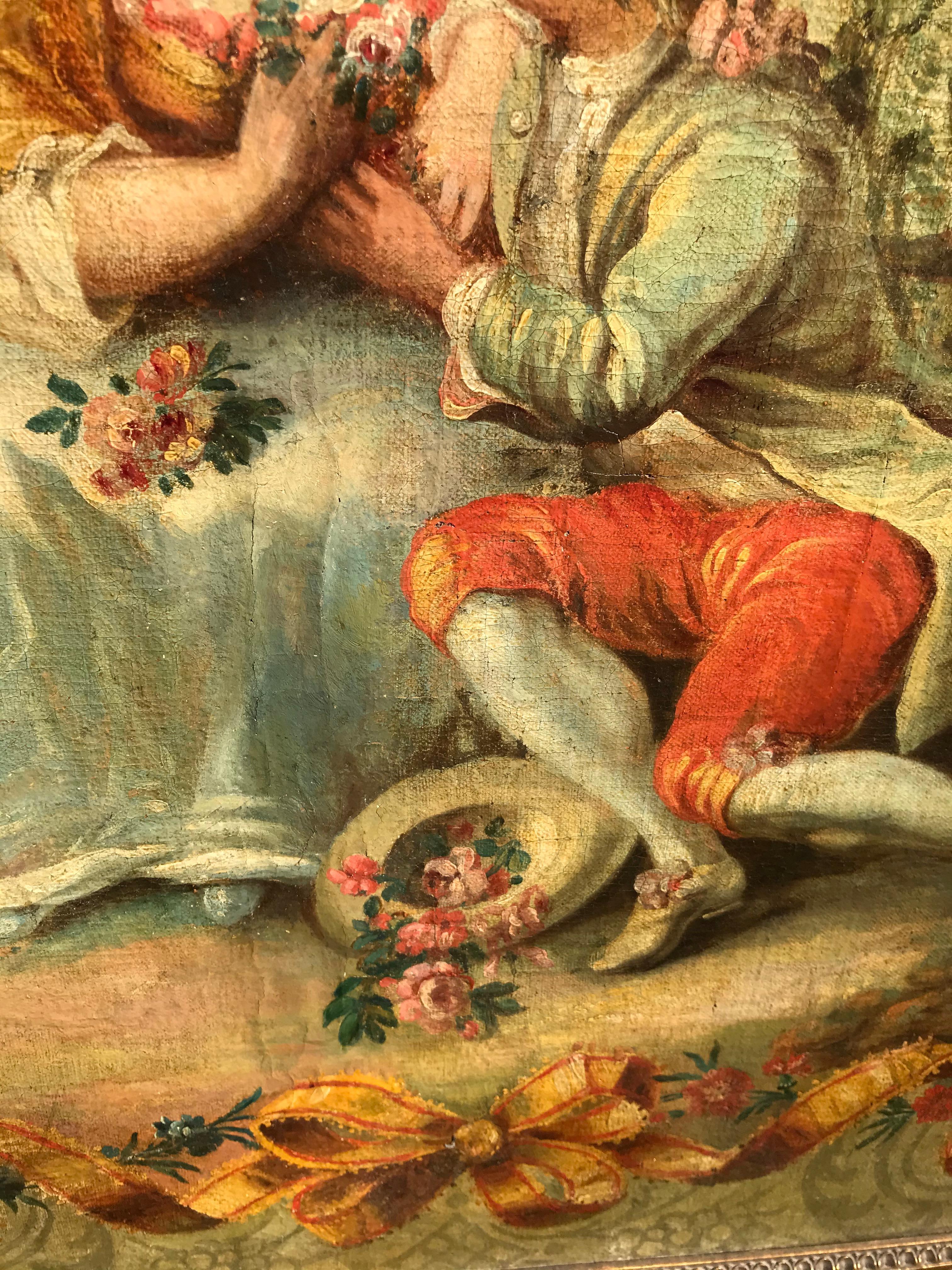 Großes farbenfrohes, großes Ölgemälde im Louis-XV-Stil in der Art von Boucher, Französische Schule, im Louis XV.-Stil (Gebürstet) im Angebot