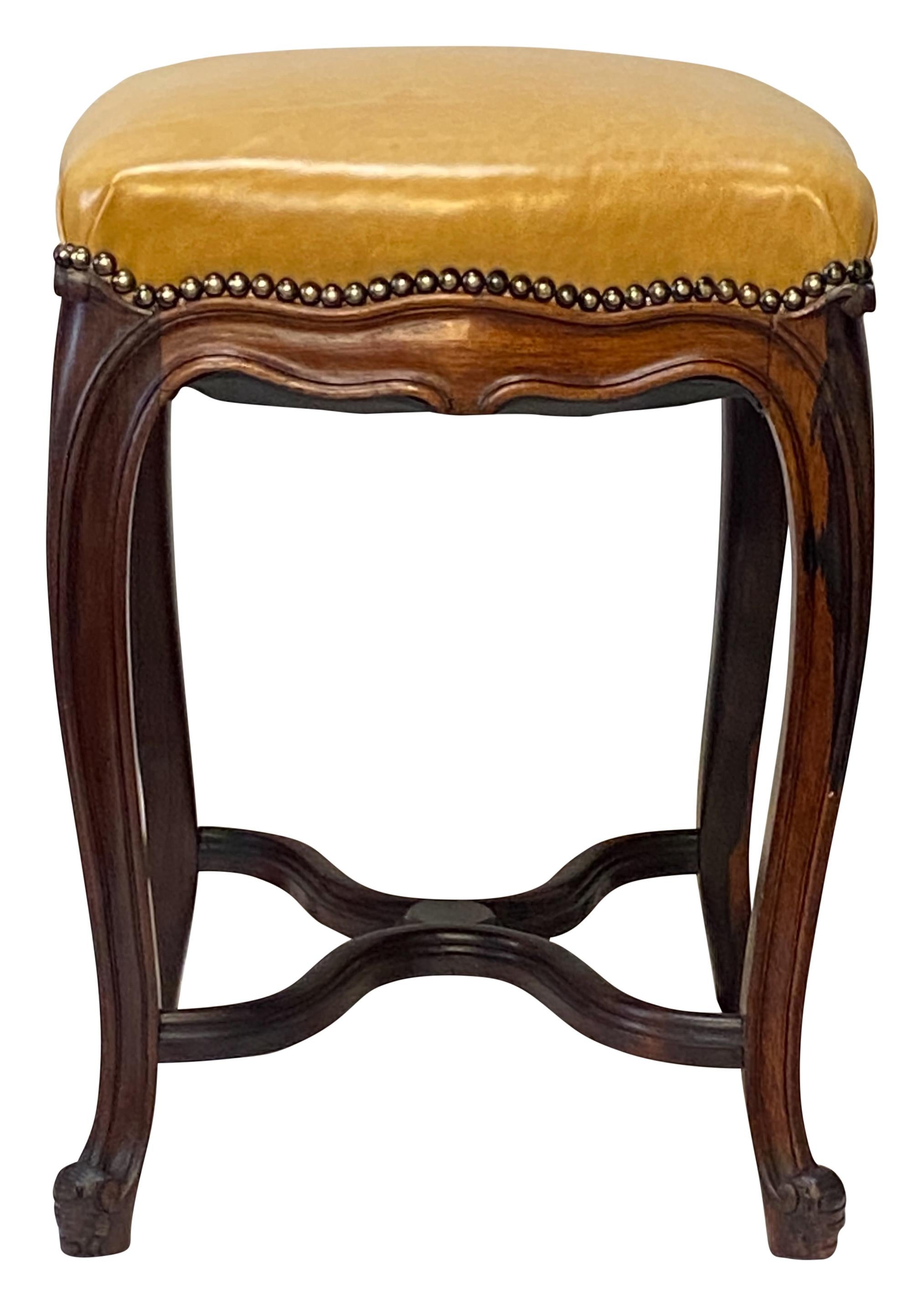 Carved Louis XV Style Rosewood and Leather Tabouret Stools, French 19th Century For Sale