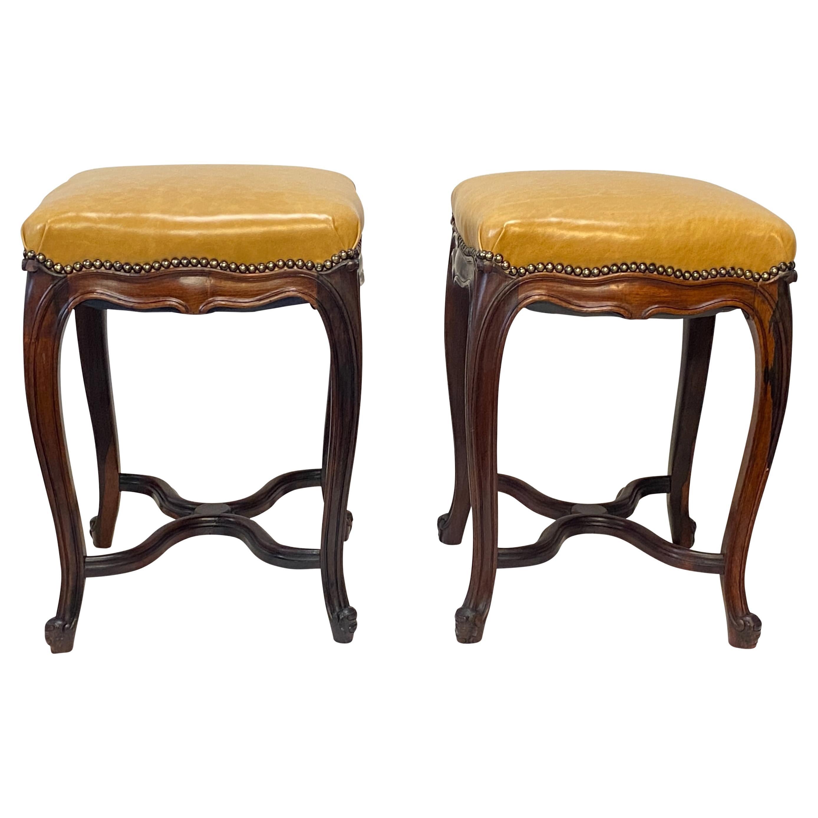 Louis XV Style Rosewood and Leather Tabouret Stools, French 19th Century For Sale