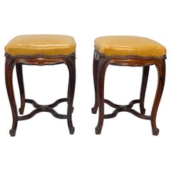 Antique Louis XV Style Rosewood and Leather Tabouret Stools, French 19th Century