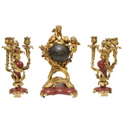 Louis XV Style Rouge Marble and Gilt Bronze Mantel Clock and Candelabra