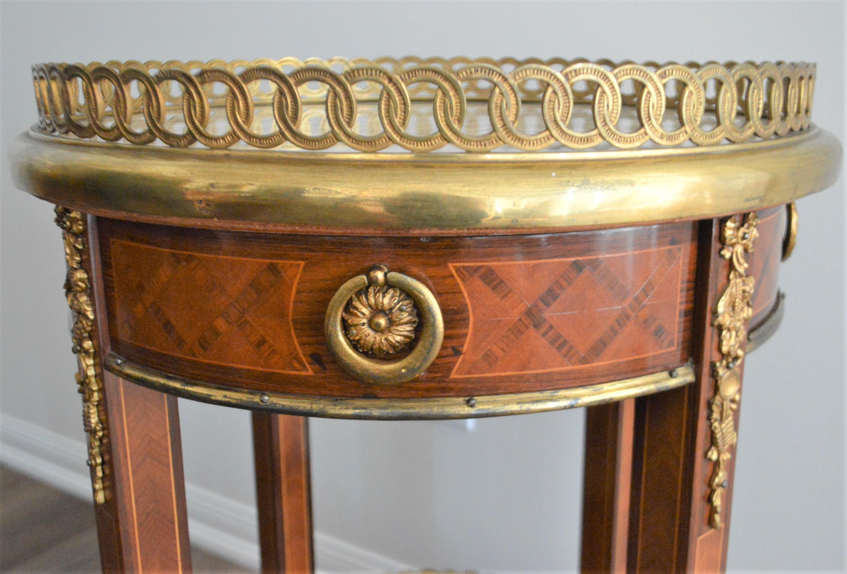 French Louis XV Style Round Side Table with Extensive Bronze Accents, Marble Top