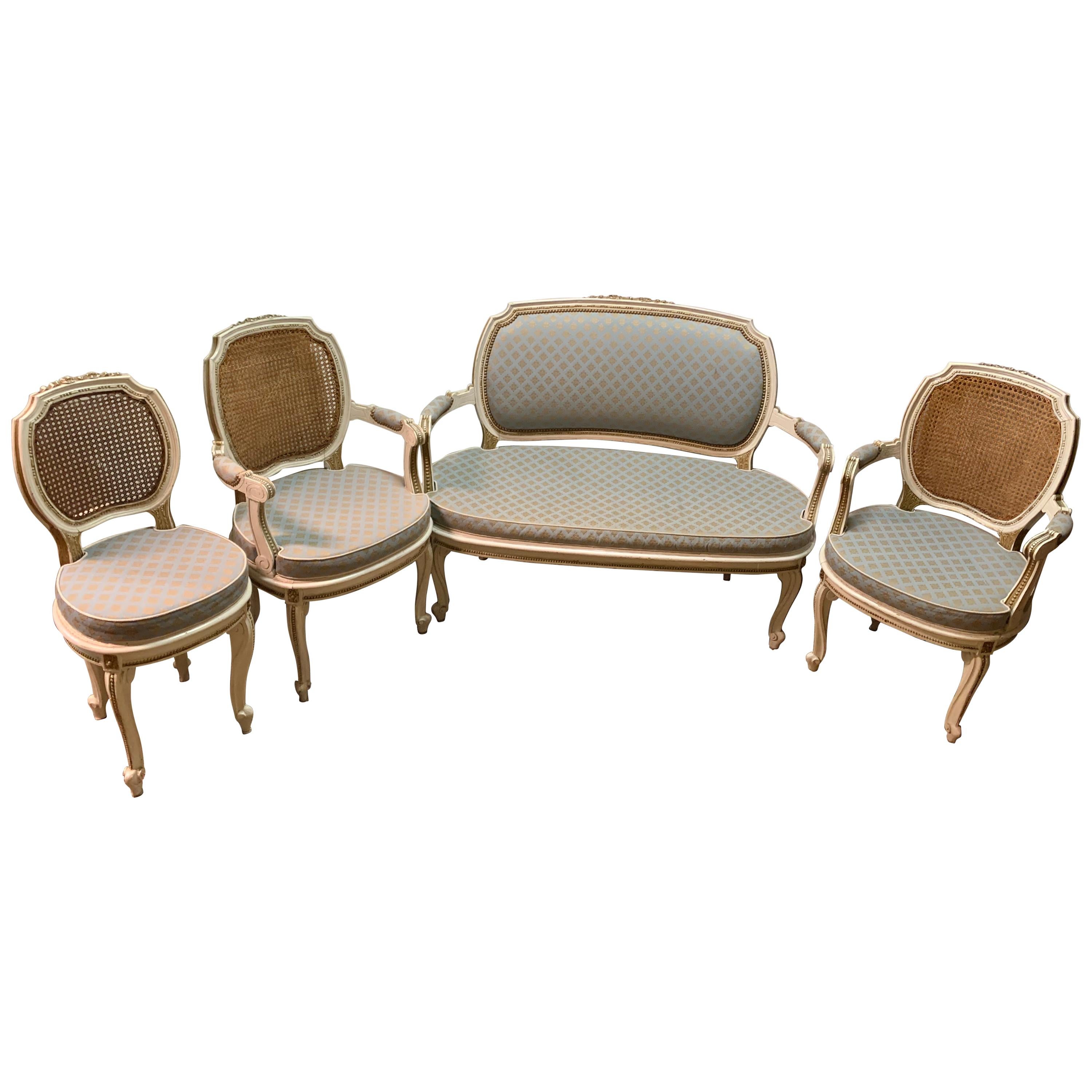 Louis XV Style Salon Four Piece, Pair Armchairs, Settee and Side Chair, Painted