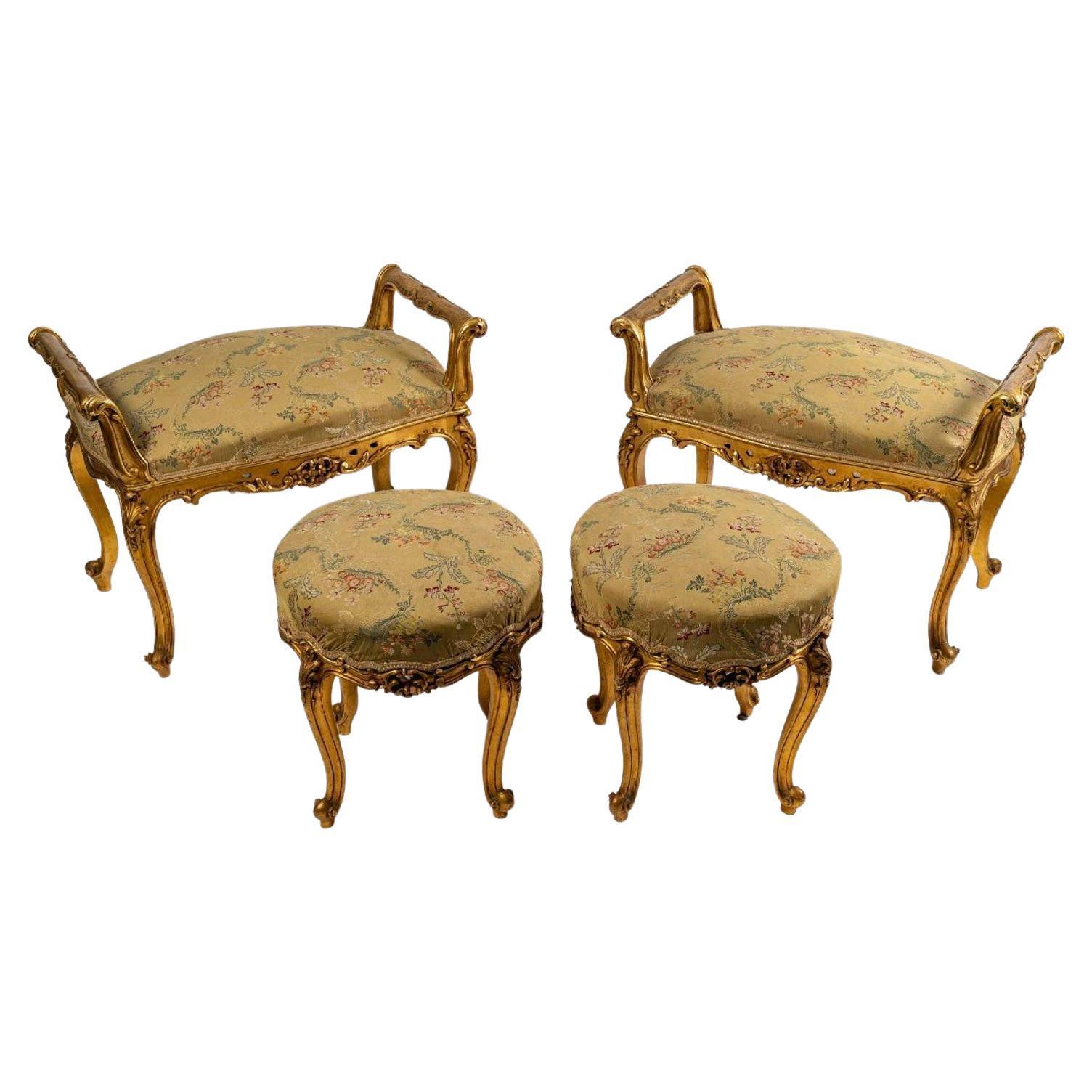 Louis XV style seating set, late 19th century
Two benches and a pair of stools, they are covered with a floral fabric
Bench 
 H: 57 cm, W: 77 cm, D: 46 cm
Stool 
 H: 47 cm, D: 43 cm.