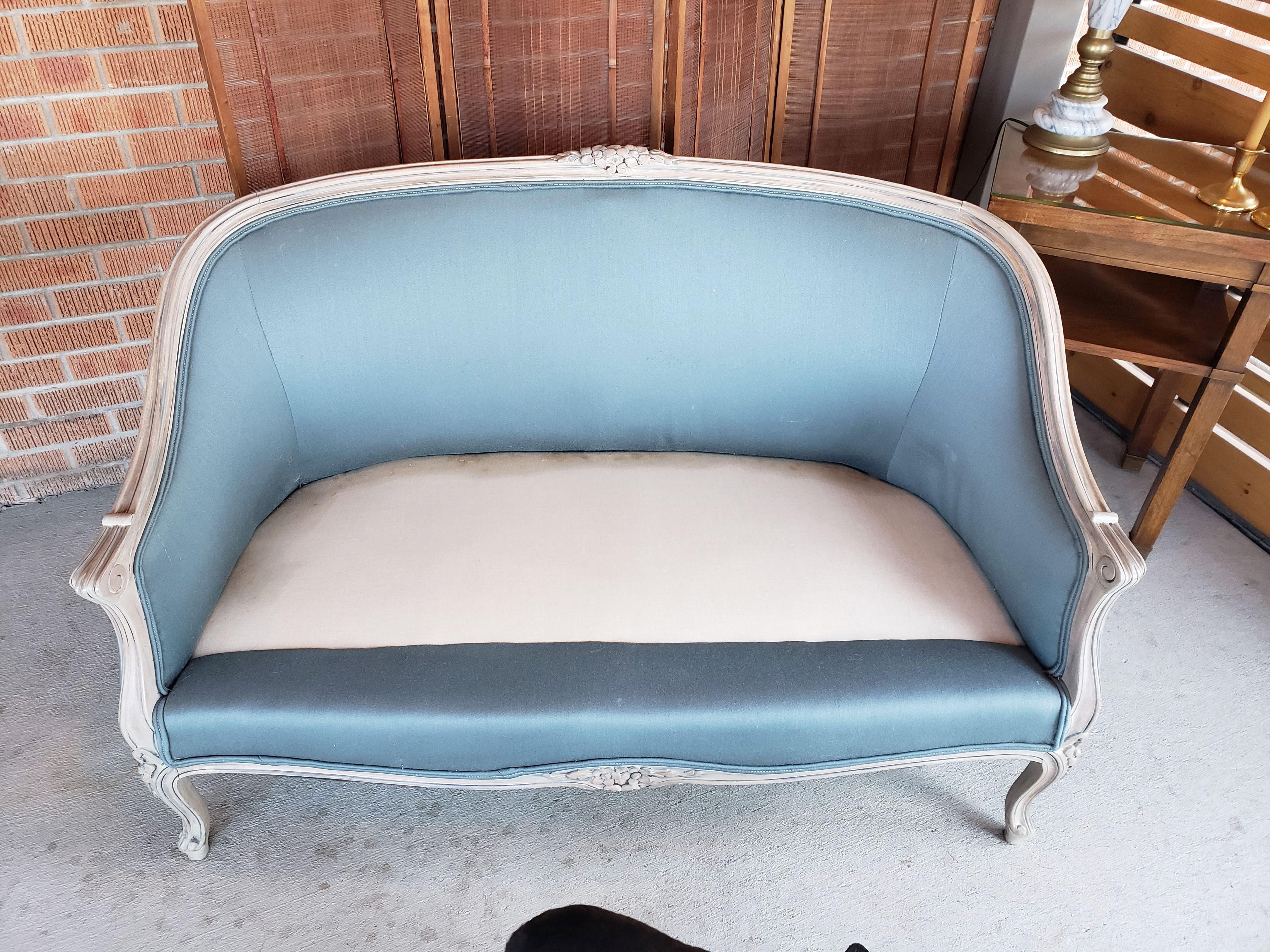 Louis XV Style Settee in Blue Gray Fabric 4