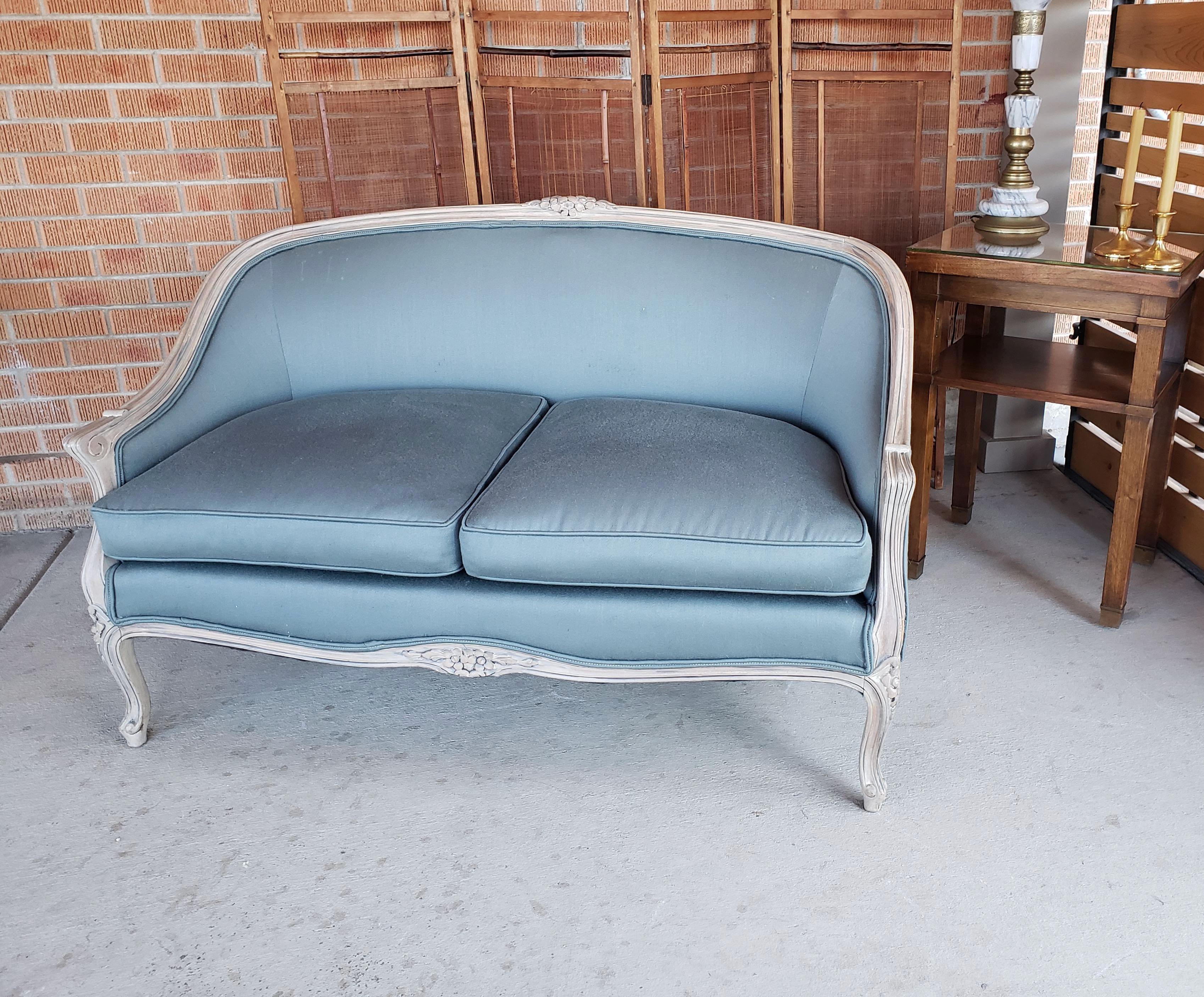 American Louis XV Style Settee in Blue Gray Fabric