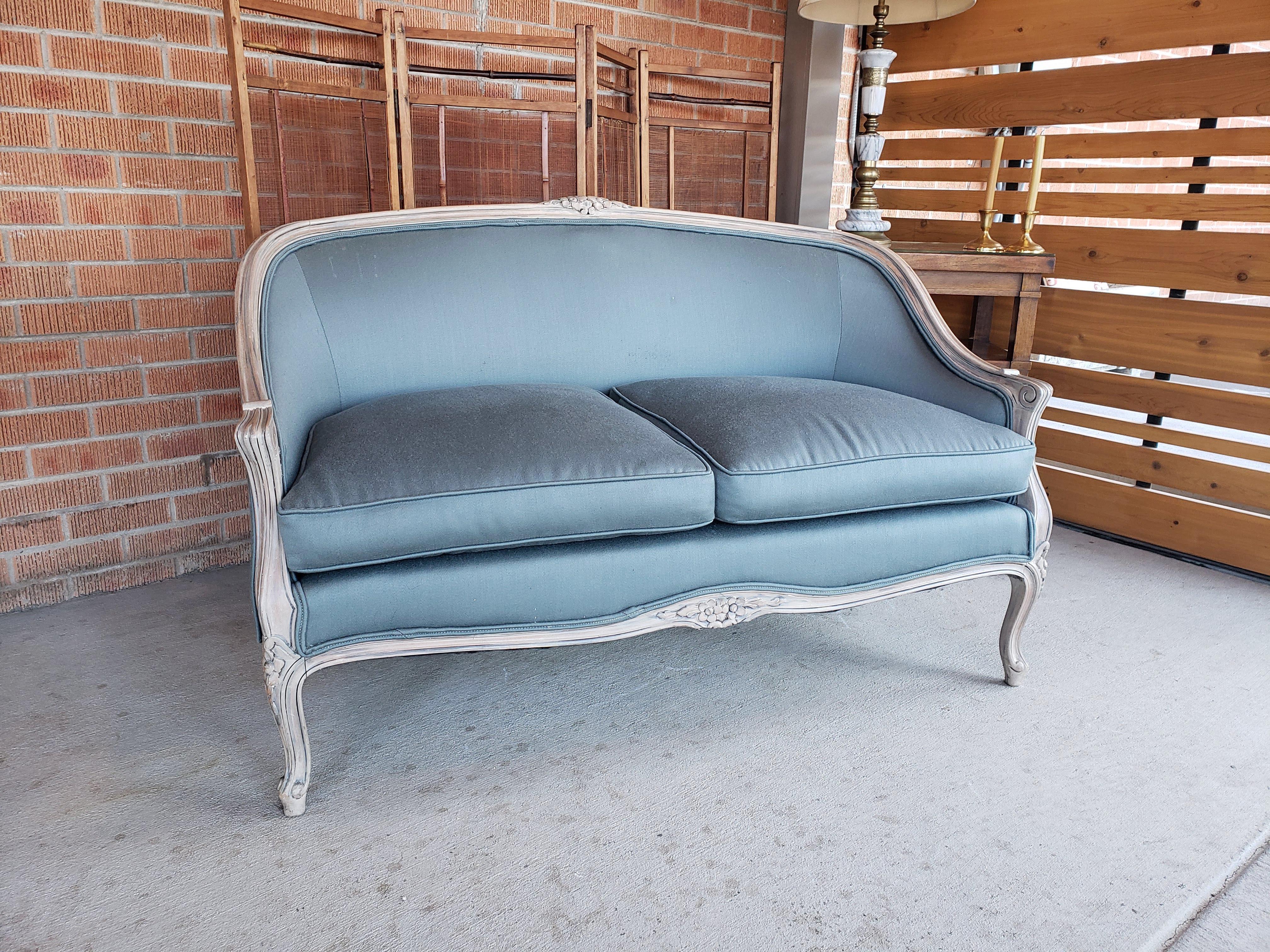 Mid-20th Century Louis XV Style Settee in Blue Gray Fabric