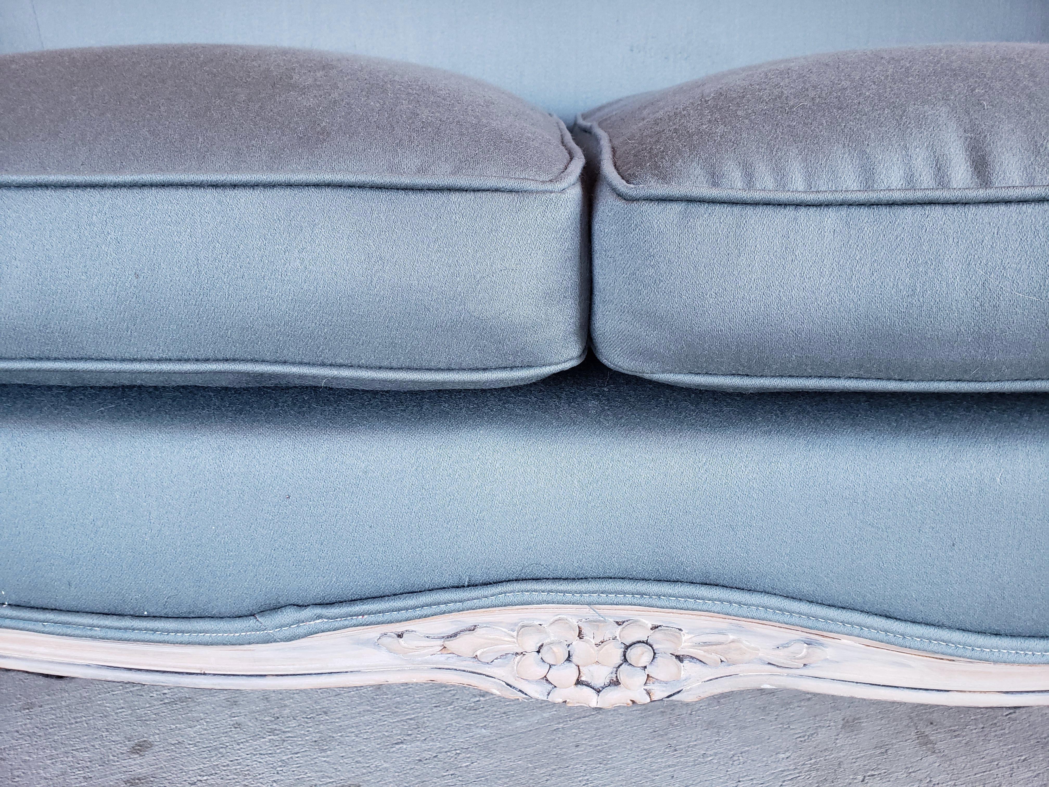 Upholstery Louis XV Style Settee in Blue Gray Fabric