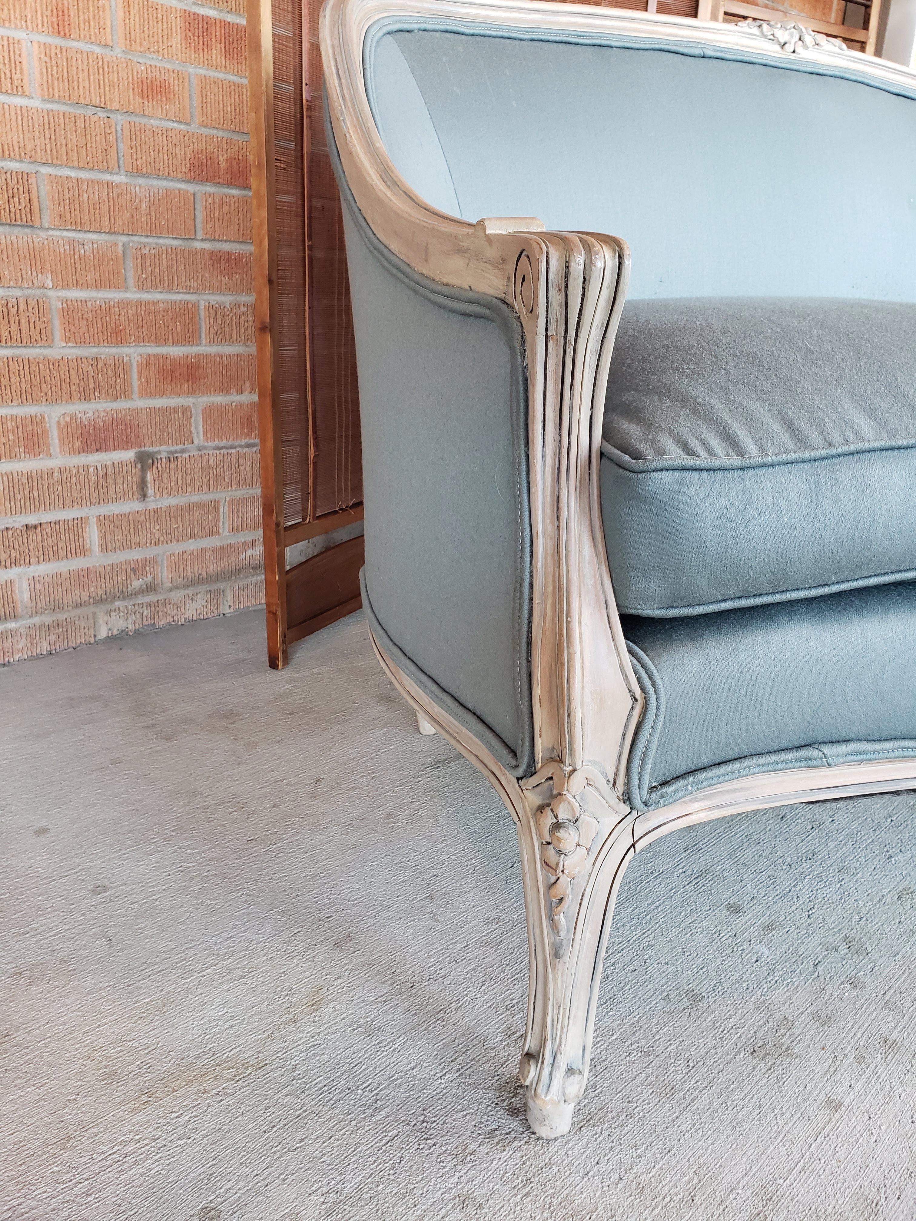 Louis XV Style Settee in Blue Gray Fabric 3