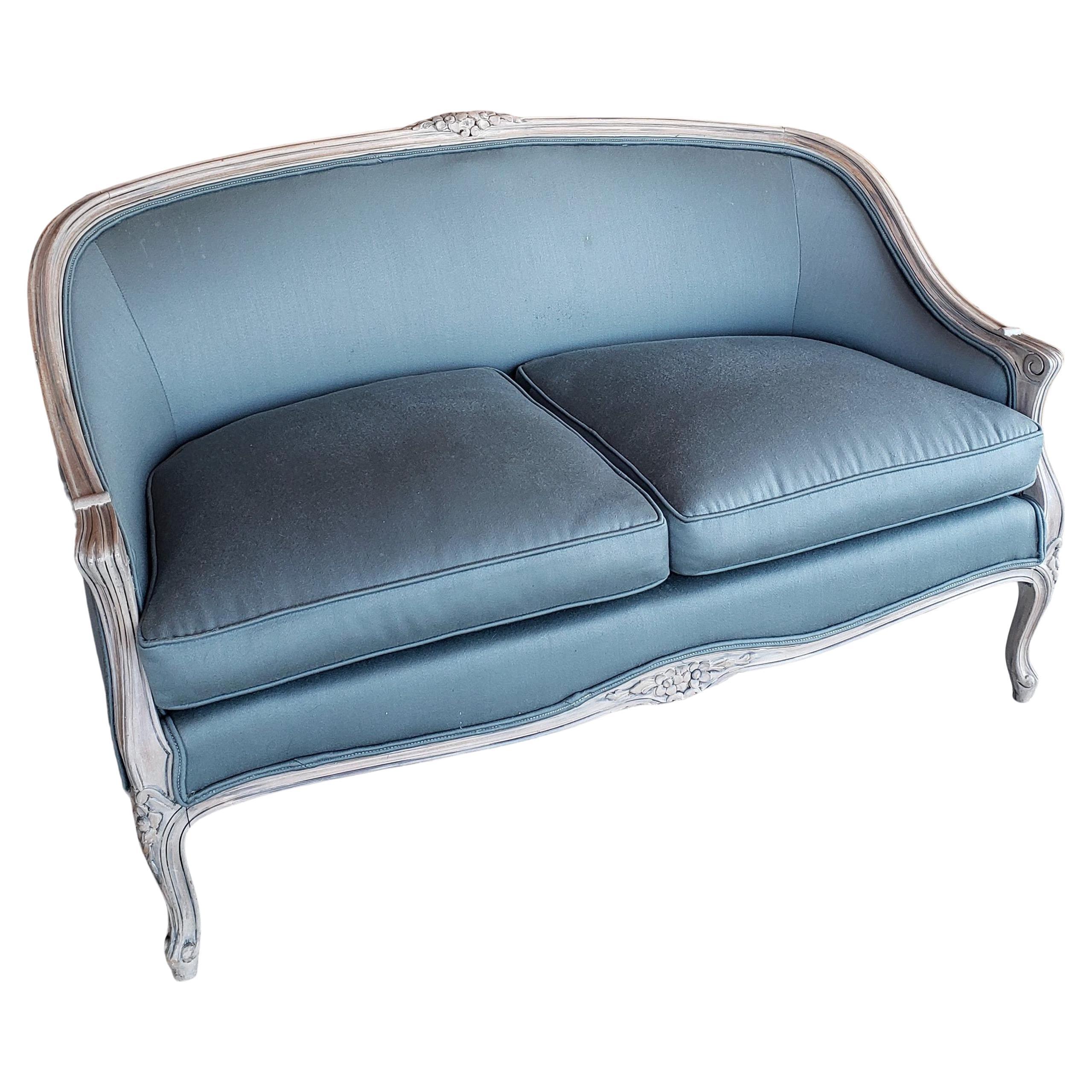 Louis XV Style Settee in Blue Gray Fabric