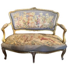 Louis XV Style Settee in Giltwood, 19th Century with Original Aubusson Tapestry