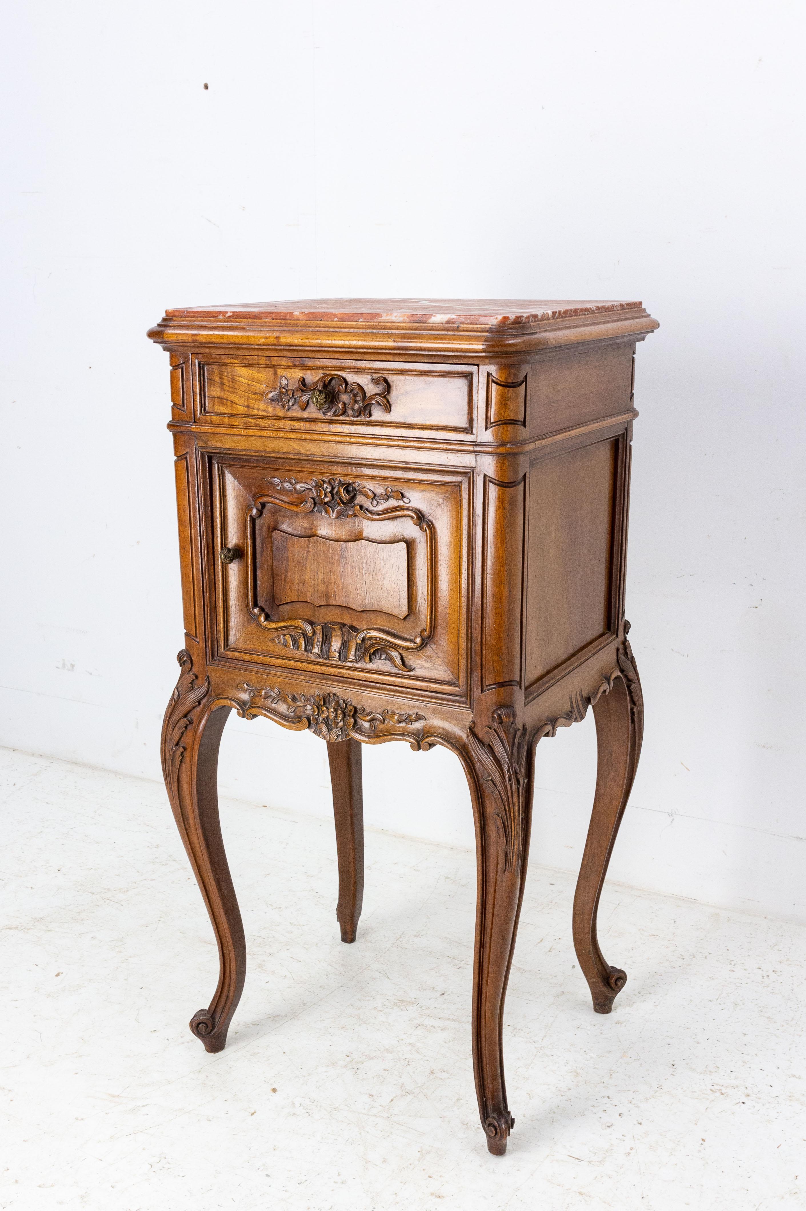 Hand-Carved Louis XV Style Side Cabinet Nightstand French Marble Bedside Table, Late 19th C.