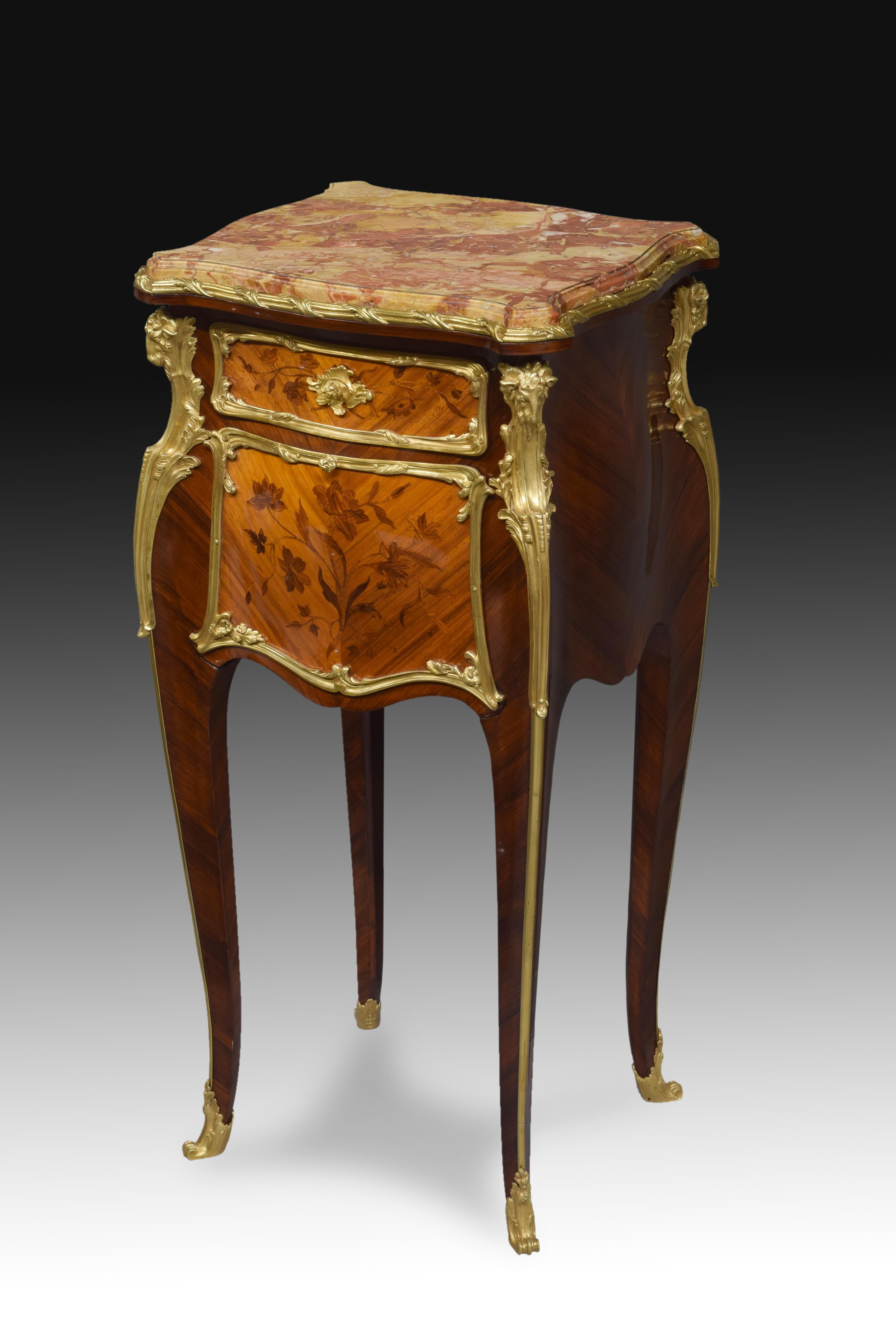 Side table, Louis XV style. Marble, wood, marquetry, bronze. Attributed to Joseph-Emmanuel Zwiener (active circa 1875-1900). France, towards the end of the 19th century. 
Auxiliary furniture with four legs with a light cabriolet shape, marble top