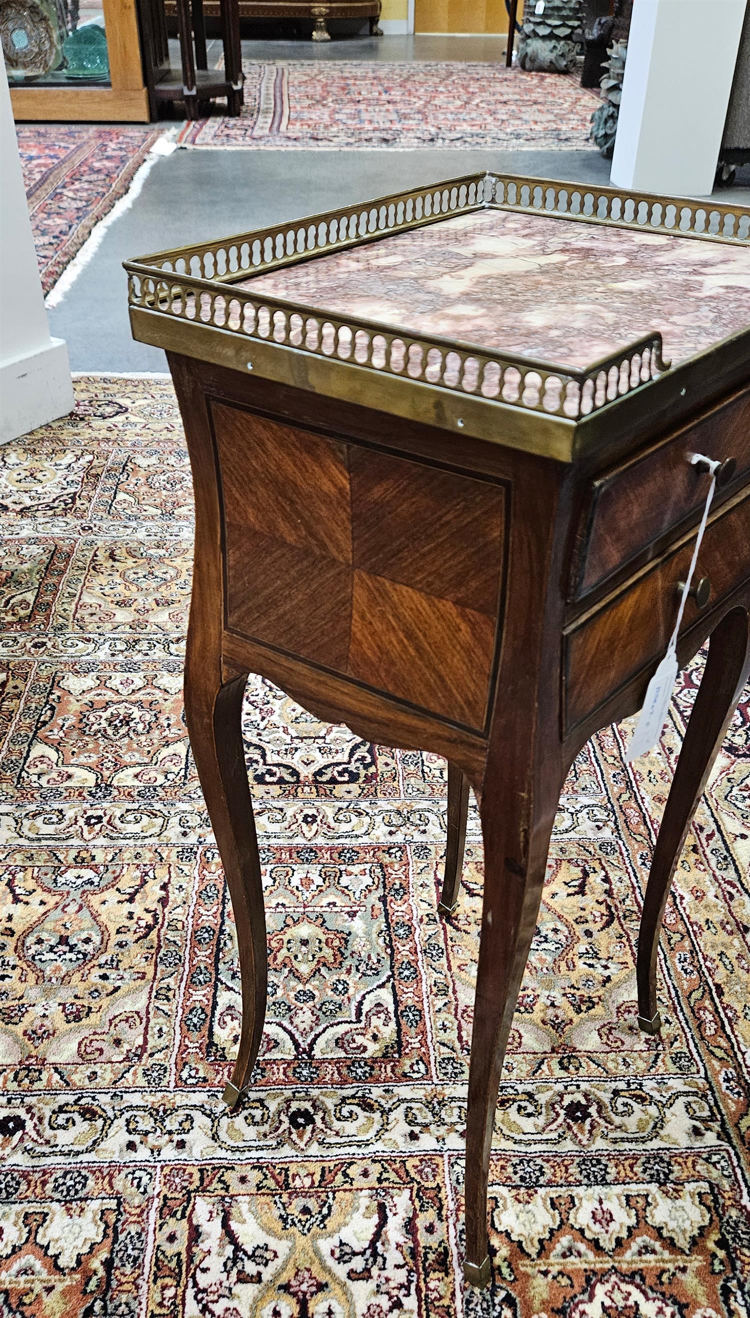 Louis XV Style Side Table late 19th century, rouge modeled marble top with brass gallery