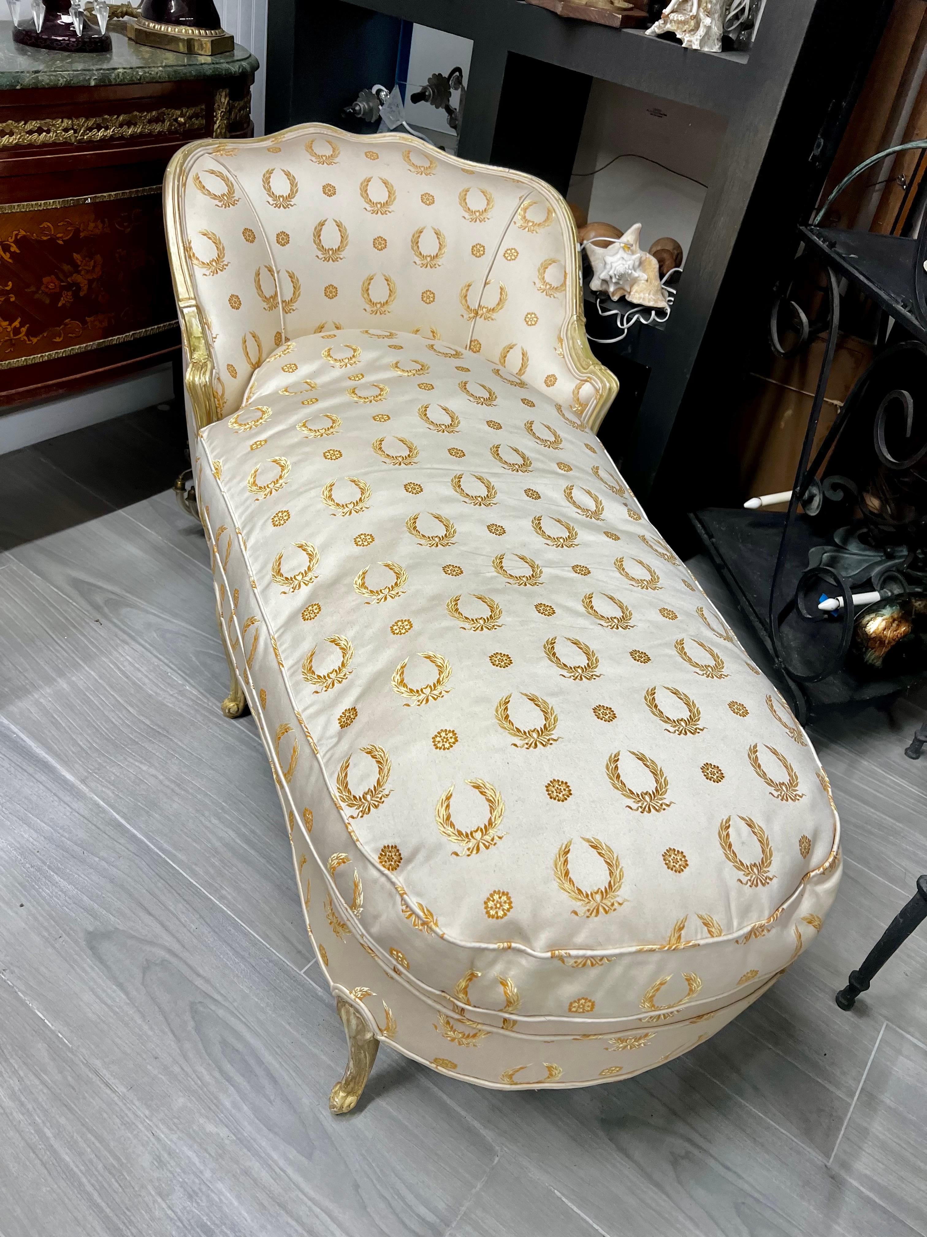 Fabric Louis XV Style Gilt Chaise Longues Lounge Sofa Gold Silk Upholstery For Sale