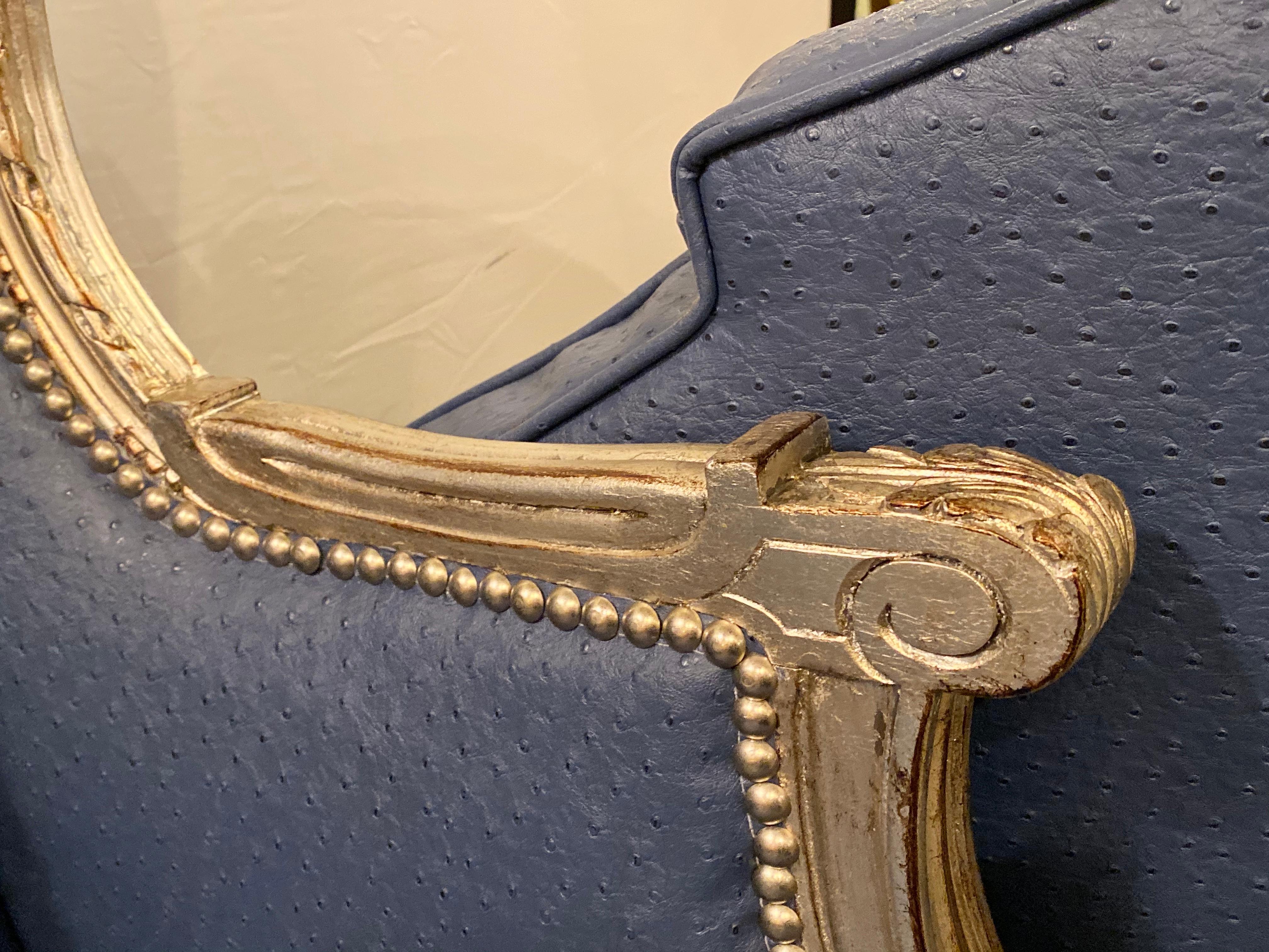 Louis XV Style Silver Gilt Wing Back Bergere Chair Faux Blue Ostrich Upholstery 7
