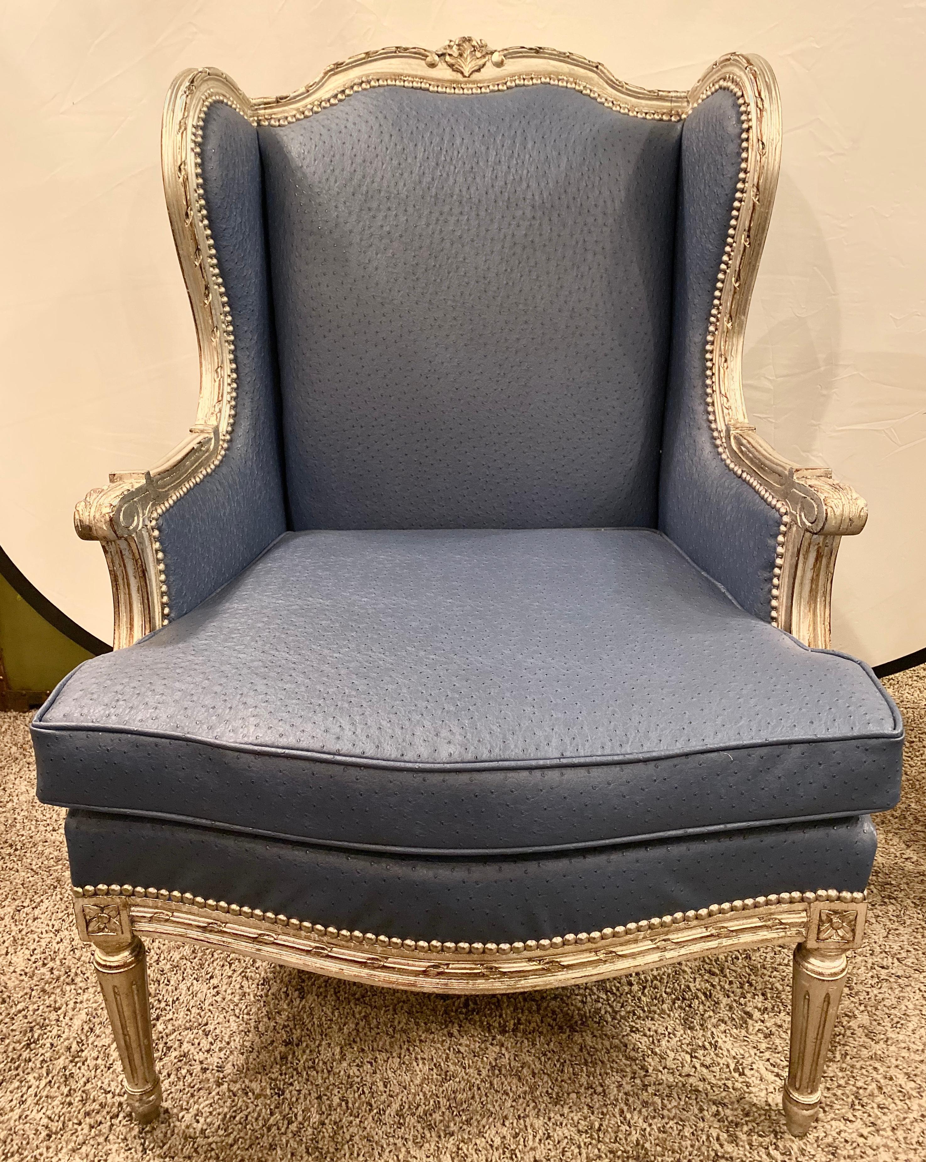 Louis XV Style Silver Gilt Wing Back Bergere Chair Faux Blue Ostrich Upholstery 9