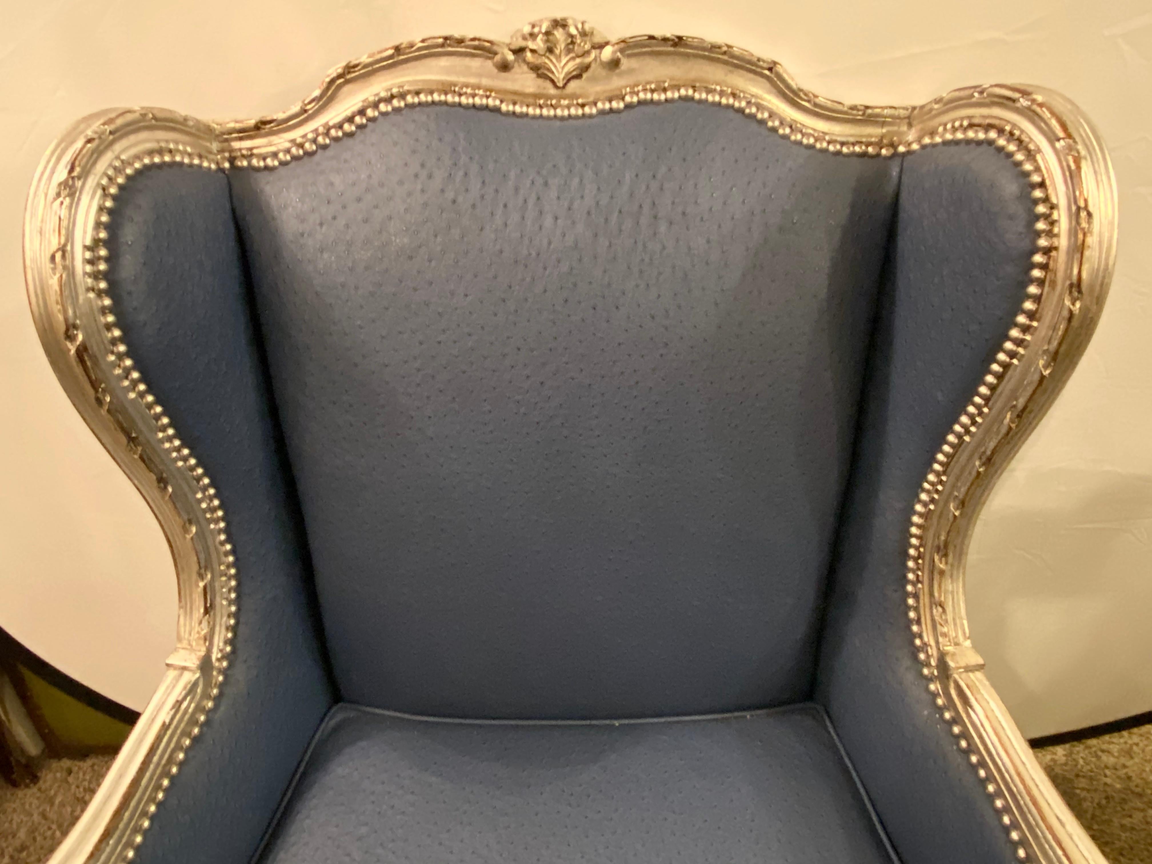 Louis XV Style Silver Gilt Wing Back Bergere Chair Faux Blue Ostrich Upholstery 1