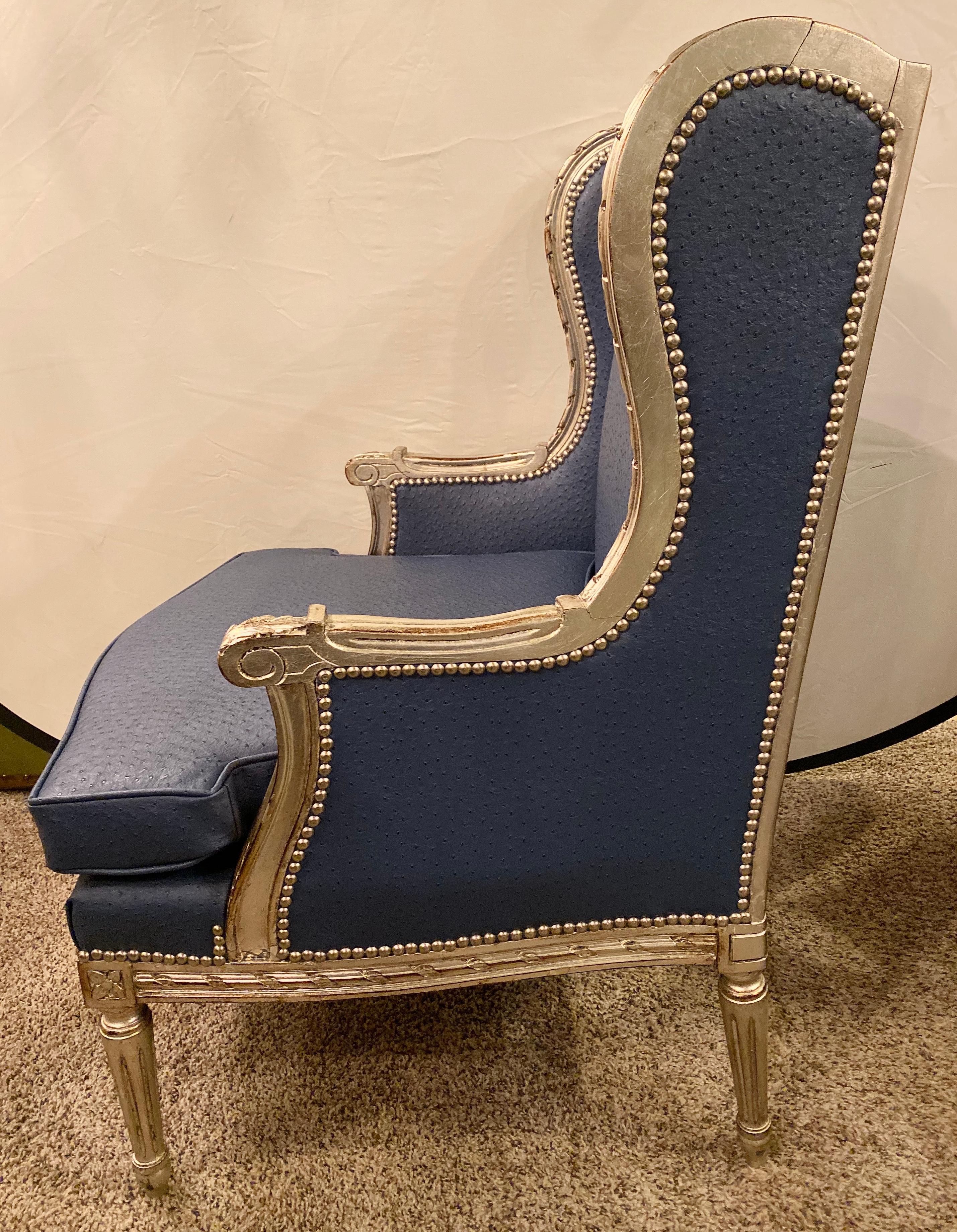Louis XV Style Silver Gilt Wing Back Bergere Chair Faux Blue Ostrich Upholstery 3