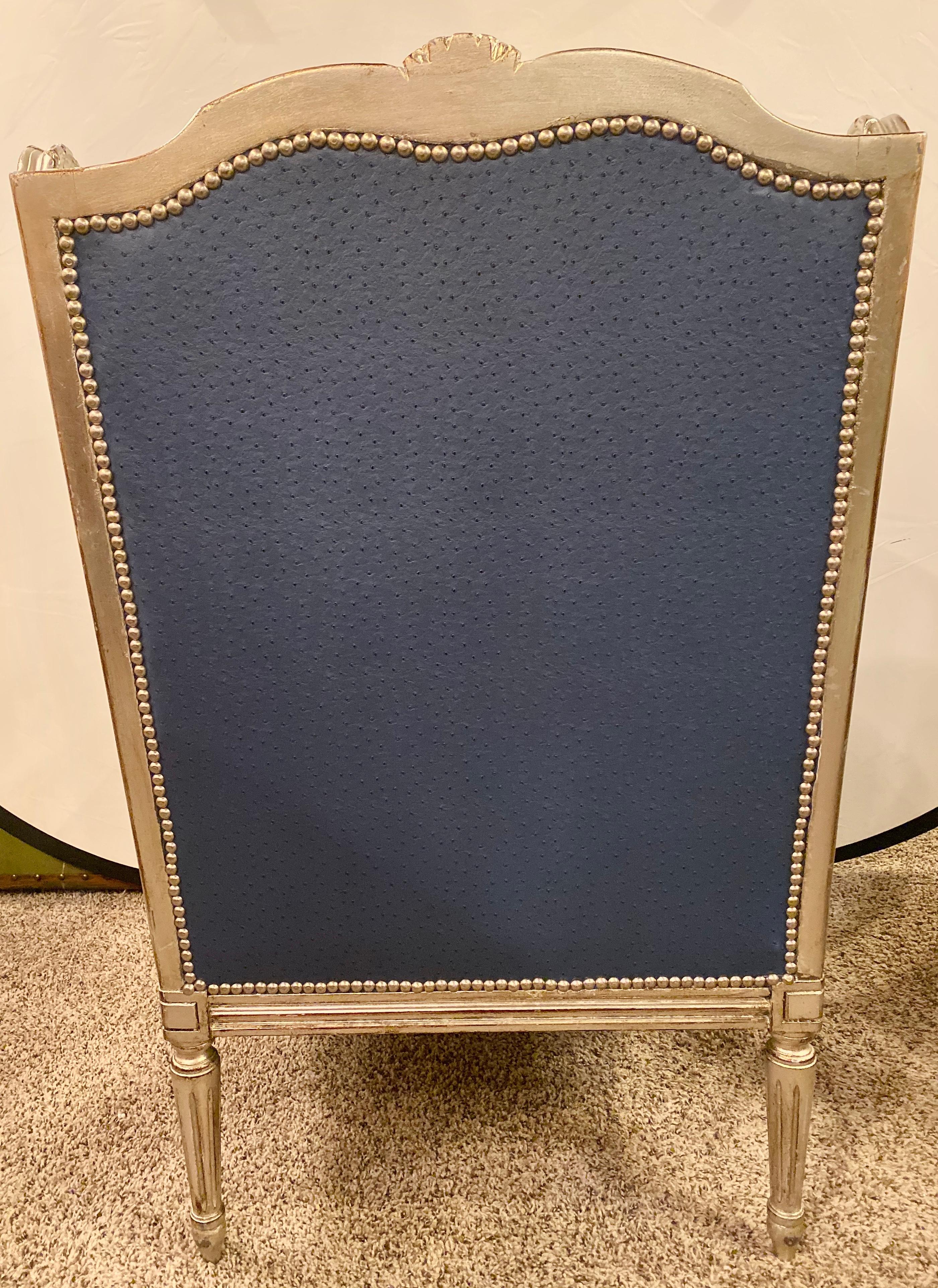 Louis XV Style Silver Gilt Wing Back Bergere Chair Faux Blue Ostrich Upholstery 4
