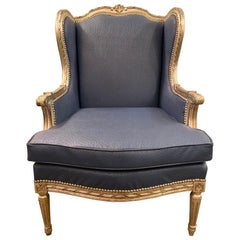 Vintage Louis XV Style Silver Gilt Wing Back Bergere Chair Faux Blue Ostrich Upholstery