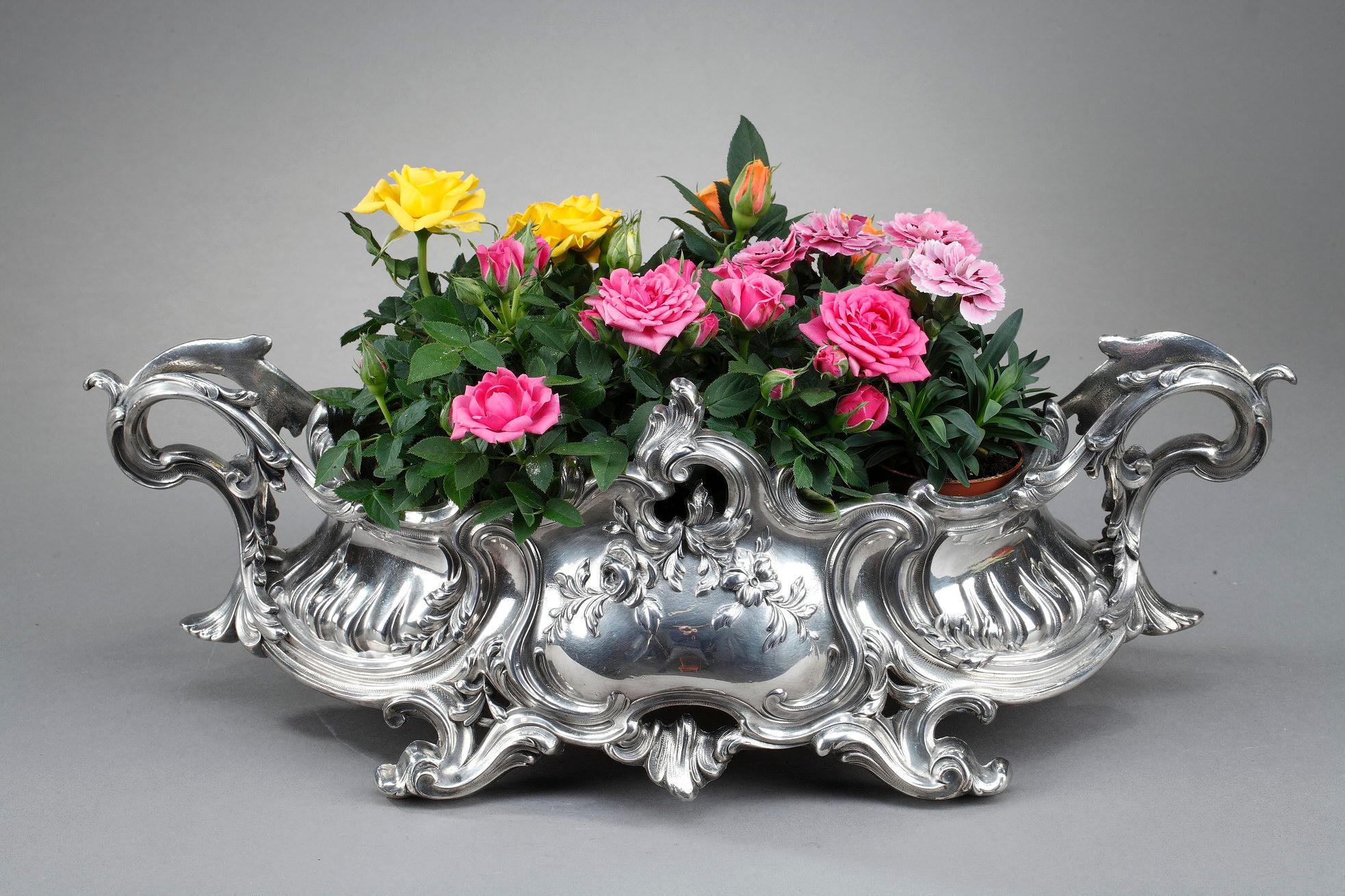 French Louis XV Style Silvered Bronze Centerpiece, Napoleon III Period For Sale