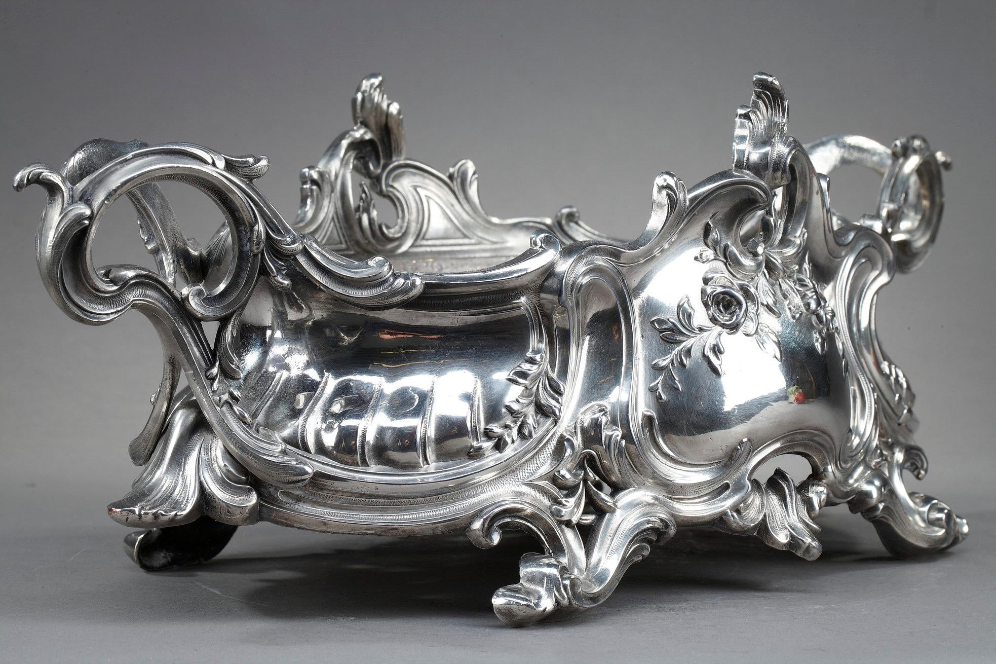 Mid-19th Century Louis XV Style Silvered Bronze Centerpiece, Napoleon III Period For Sale