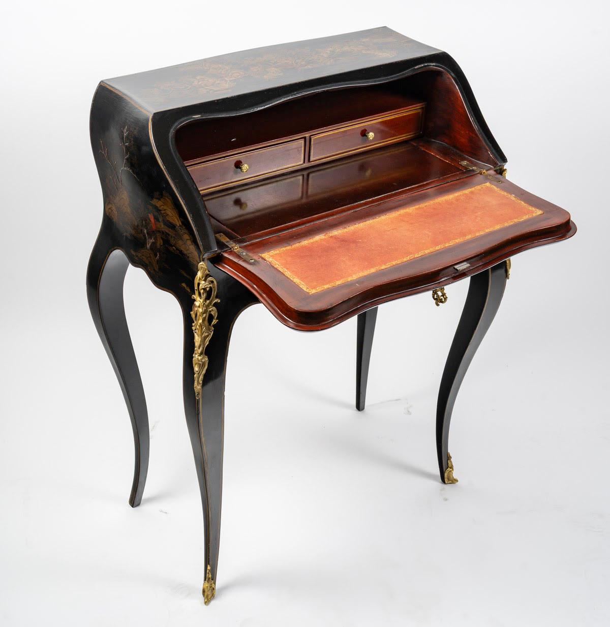 French Louis XV Style Sloping Desk in Lacquer and Gilt Bronze. For Sale