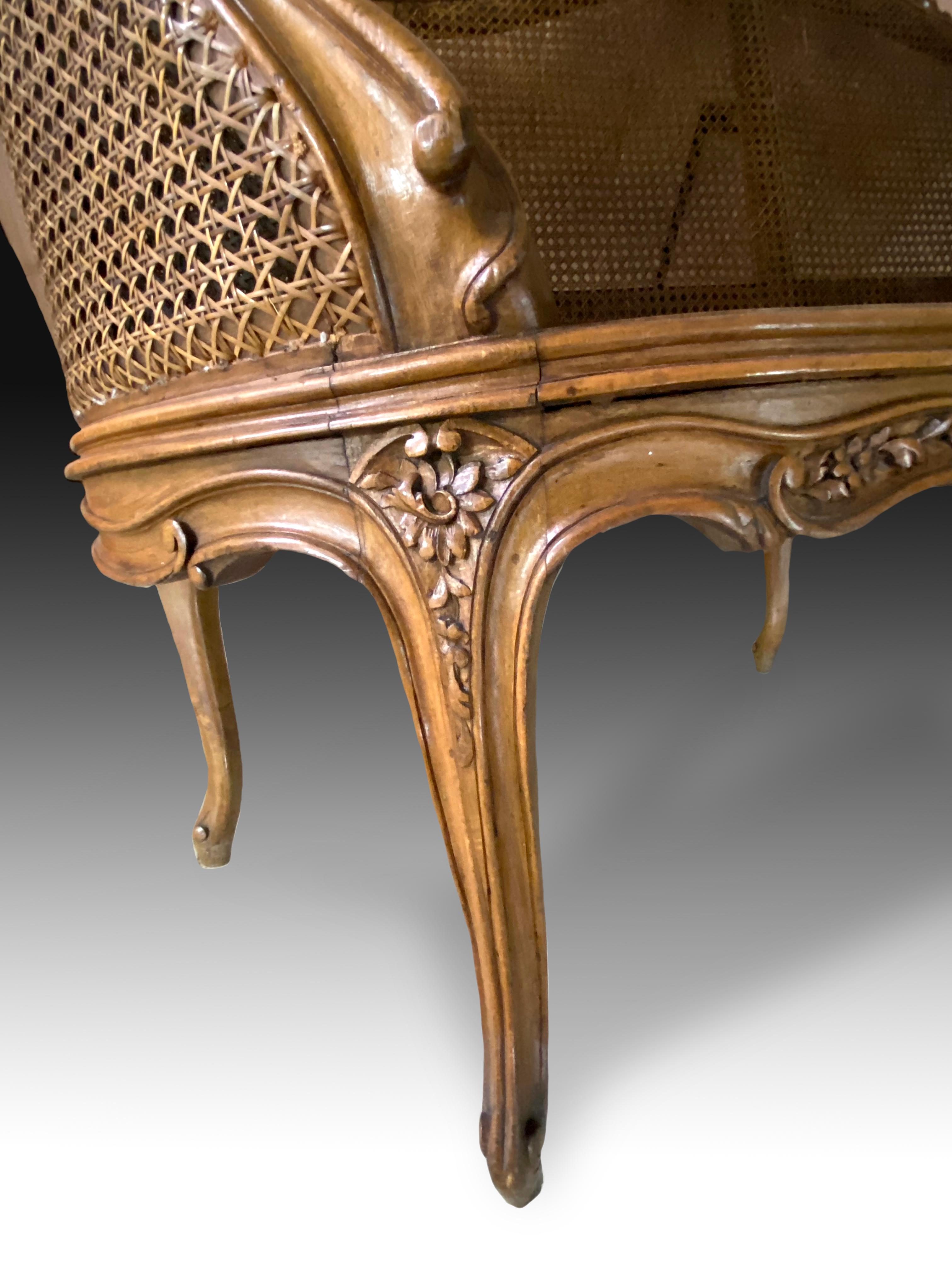 Louis XV Style Sofa, Walnut, Cane Paneled or Canning, 19th Century In Good Condition In Madrid, ES