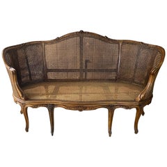 Louis XV Style Sofa, Walnut, Cane Paneled or Canning, 19th Century