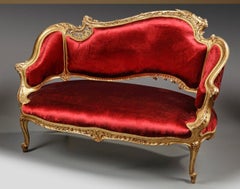 Louis XV Style Sofa with Red Velvet and Gilded Wood