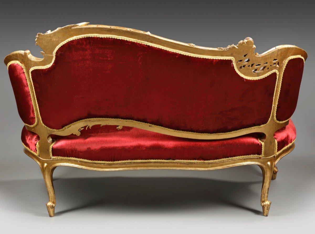 European Louis XV Style Sofa with Red Velvet and Gilded Wood