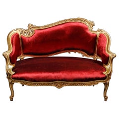 Louis XV Style Sofa with Red Velvet and Gilded Wood