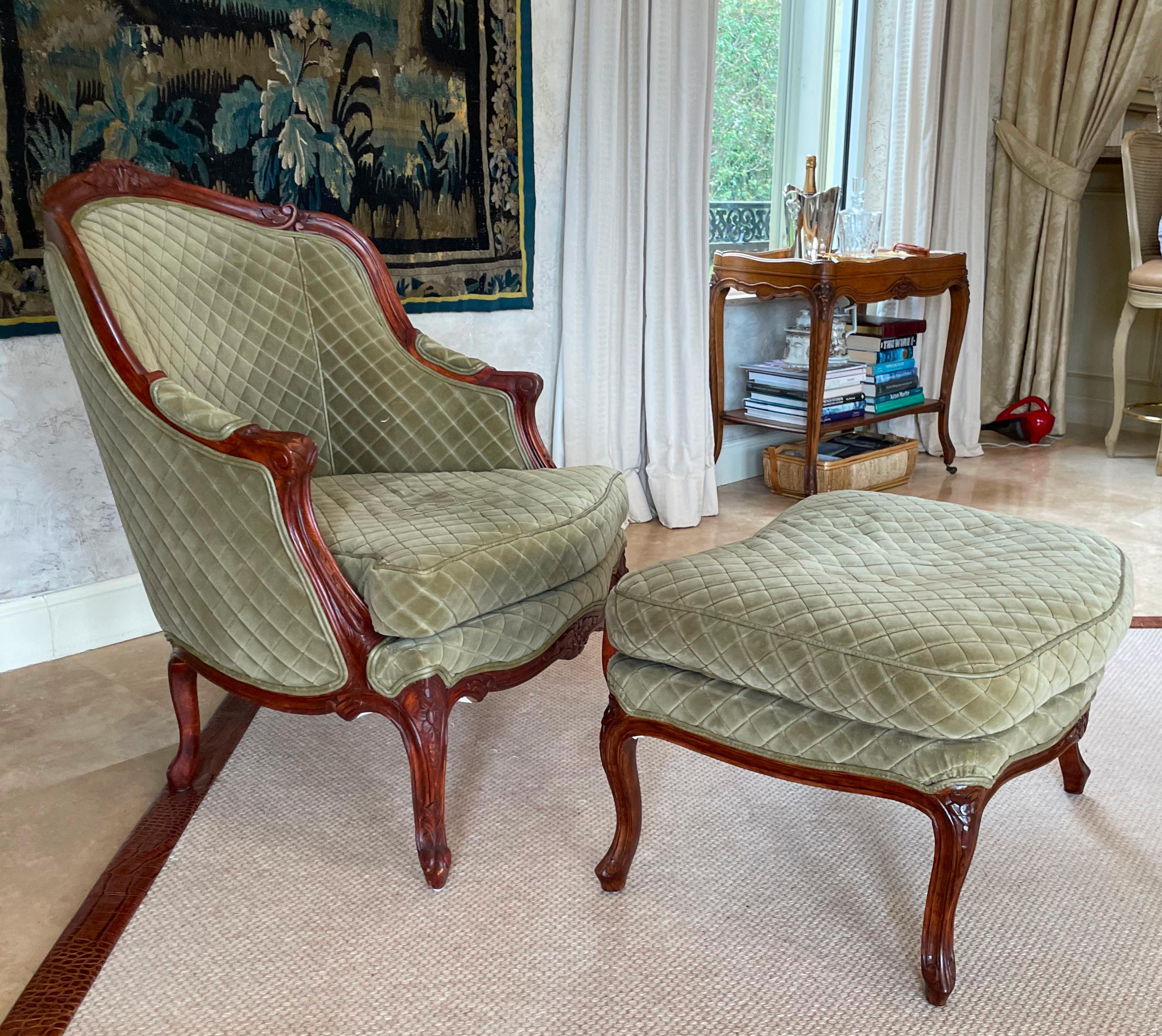 
Louis XV Style Stained Wood Duchesse Brisse
The molded foliate carved curved cresting continues to conforming arms, centering a loose cushion seat, on molded cabriole legs, the shaped extension similarly carved, upholstered in green blended silk.