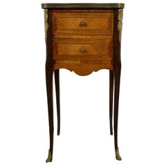 Antique Louis XV Style Stand, End Table or Lamp Table, Marble Top Diminutive Two Drawer