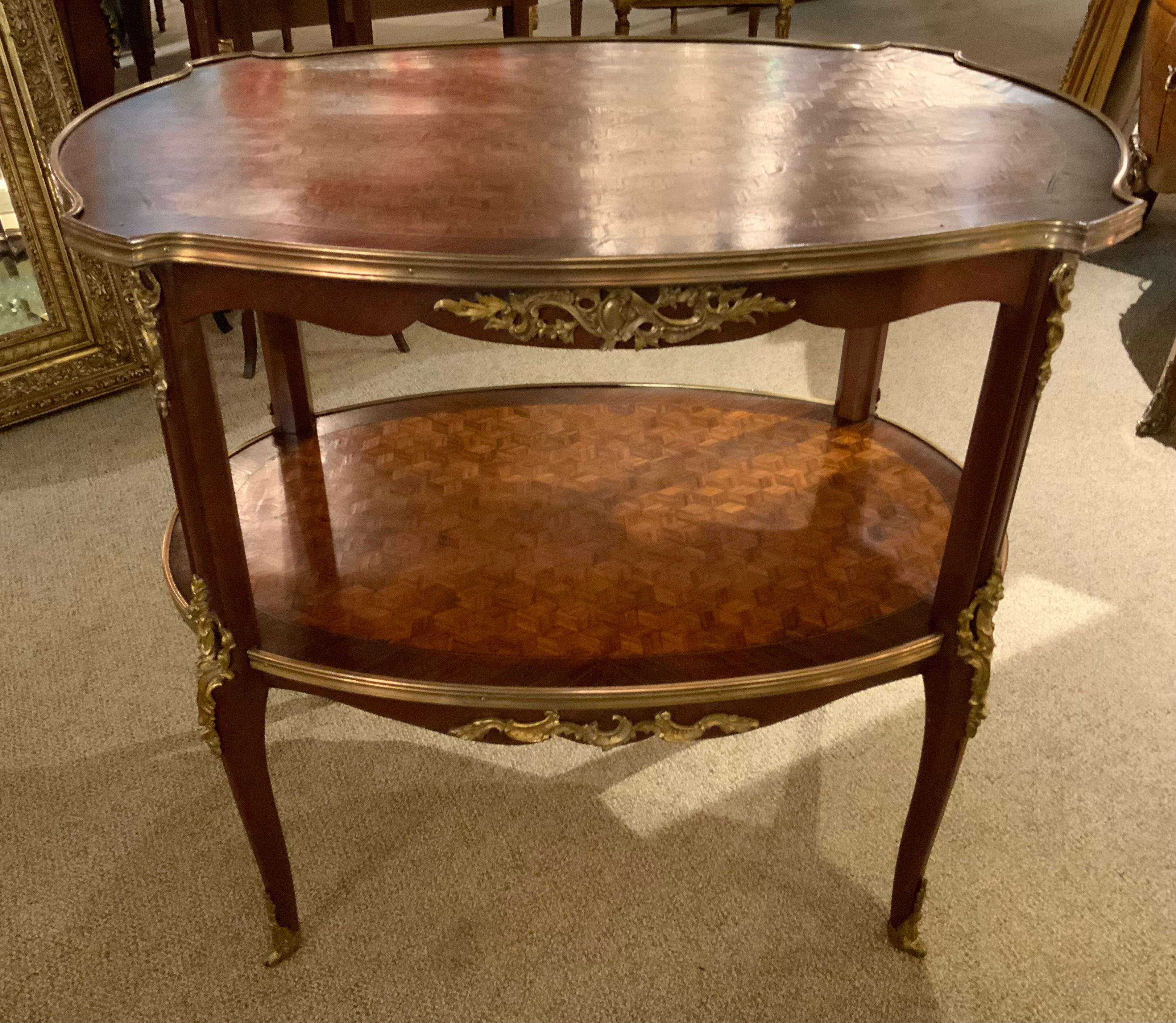 French Louis XV Style Tea Table Two Tier with Parquetry Inlay