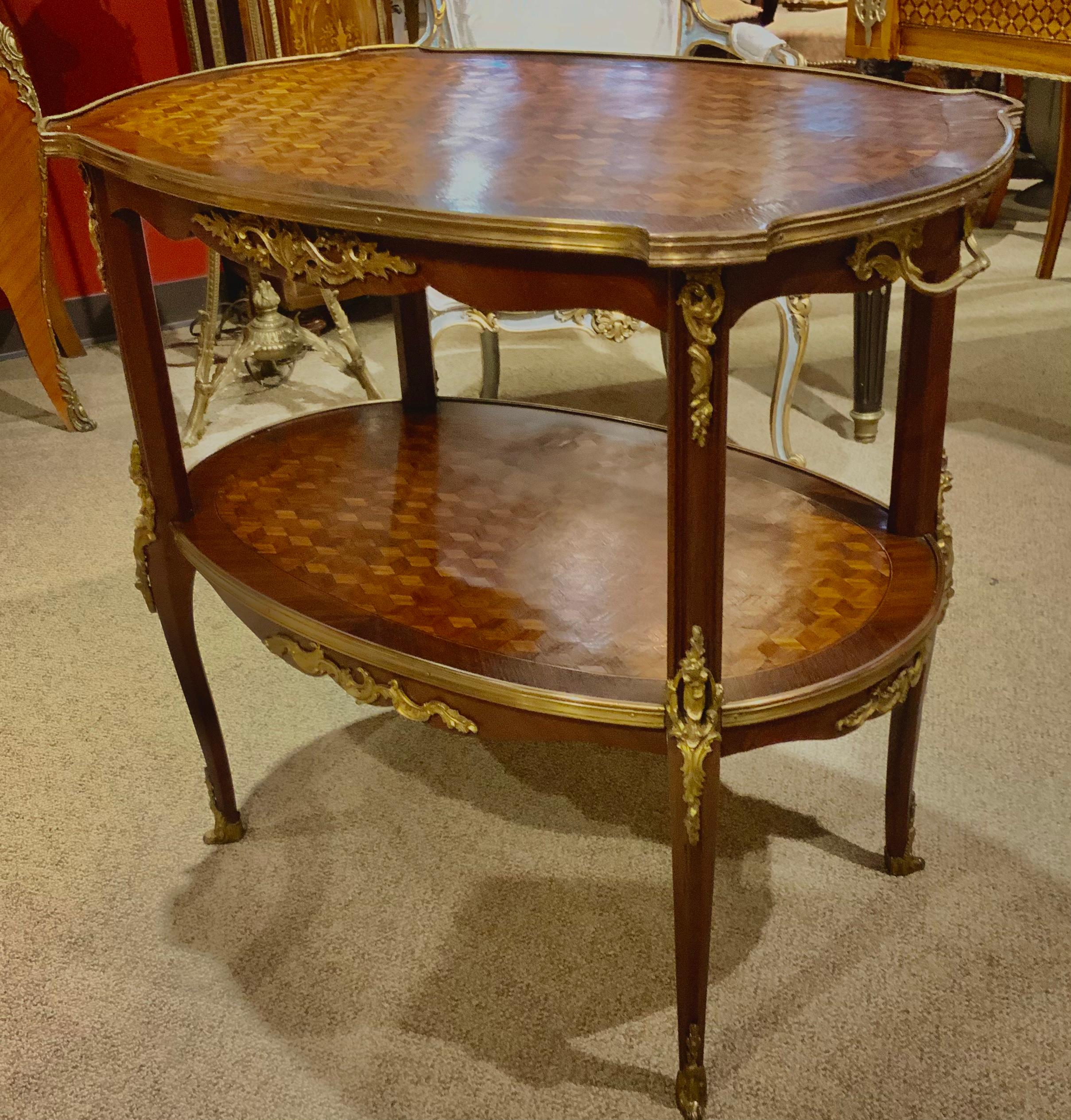 Louis XV Style Tea Table Two Tier with Parquetry Inlay In Good Condition In Houston, TX
