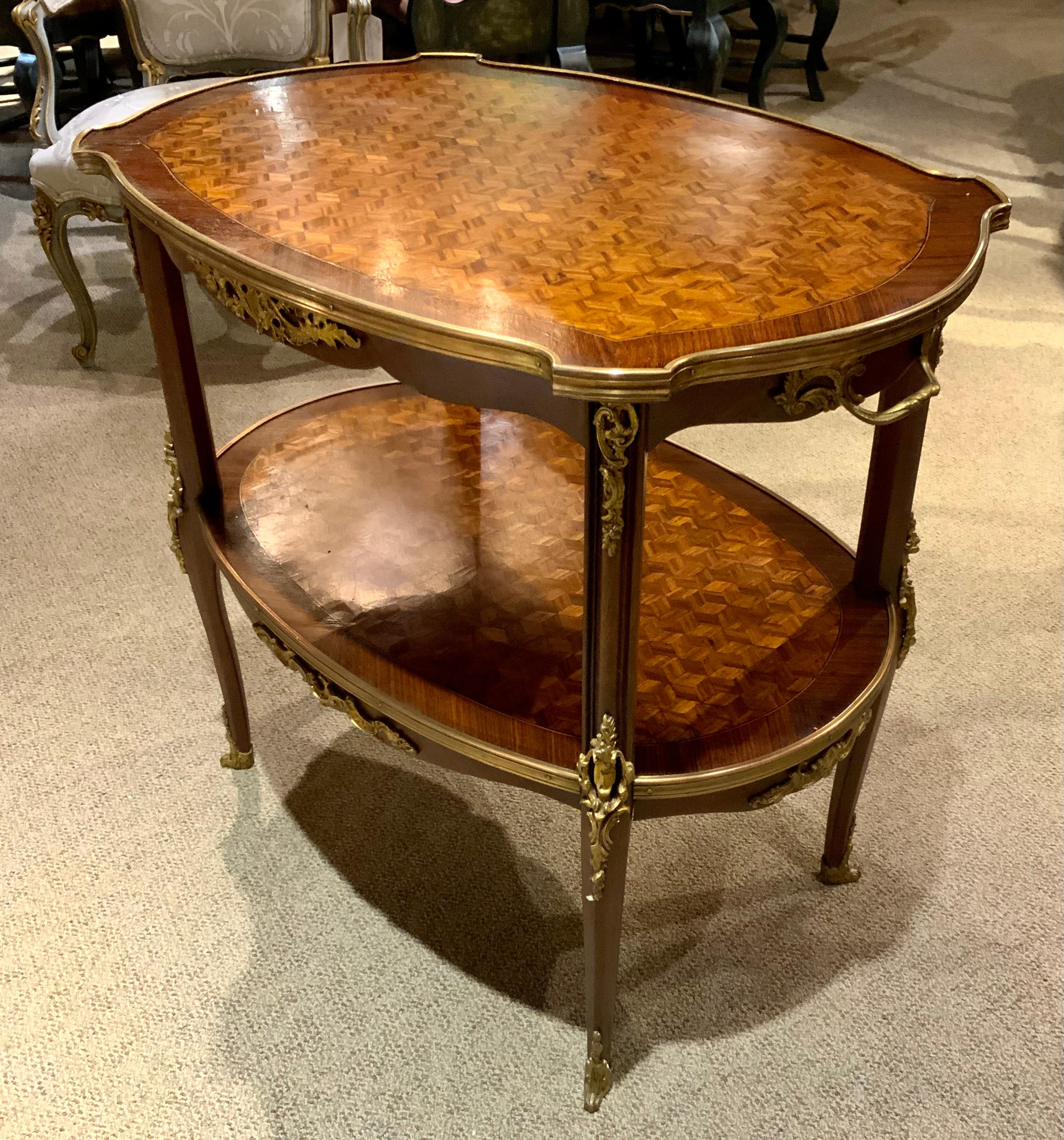 Mahogany Louis XV Style Tea Table Two Tier with Parquetry Inlay