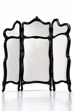 Louis XV Three-Panel Folding Screen Room Divider, Black Lacquer, 20th Century