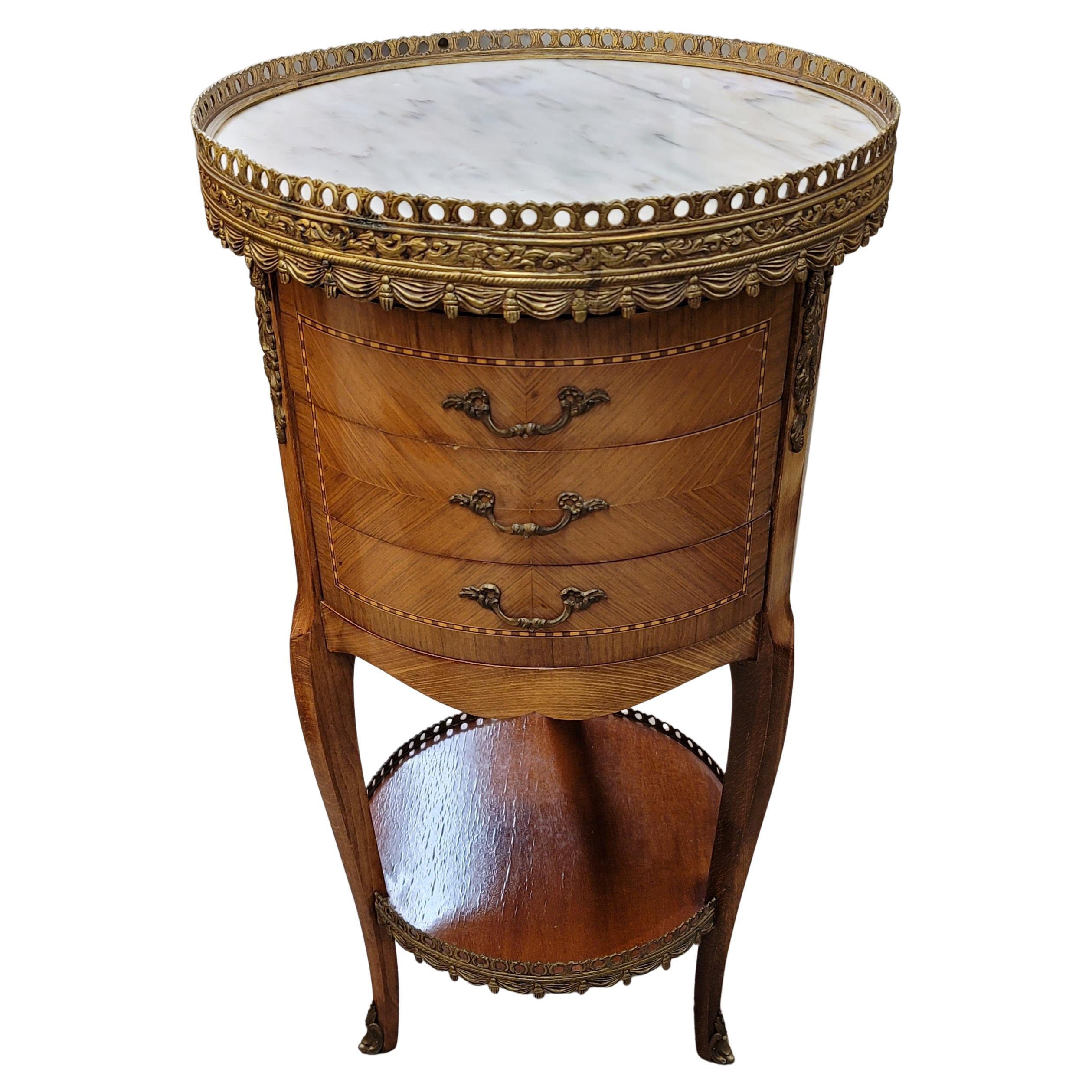 Louis XV Style Tiered Marquetry Marble Top Side Table w/ Bronze Ormolu Gallery For Sale 1