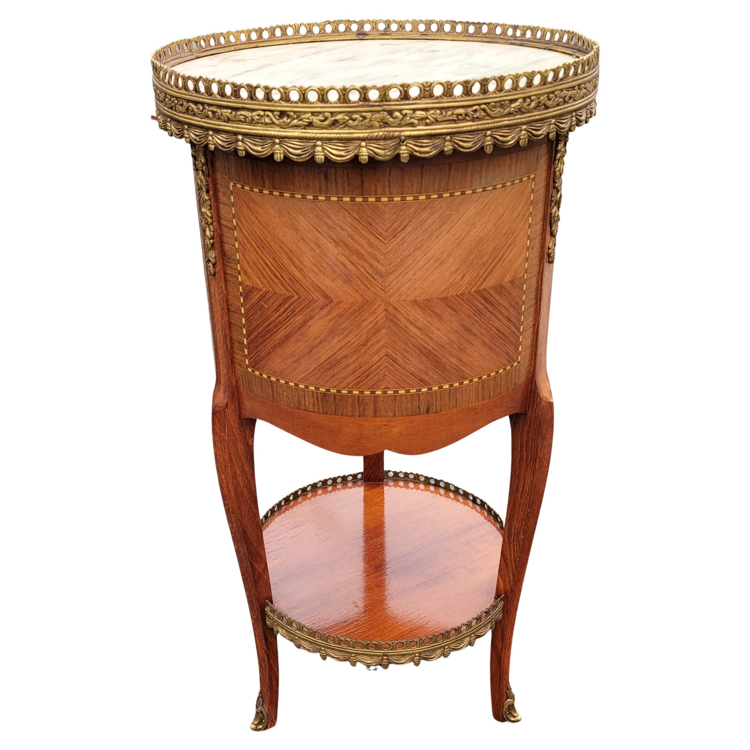 French Louis XV Style Tiered Marquetry Marble Top Side Table w/ Bronze Ormolu Gallery For Sale