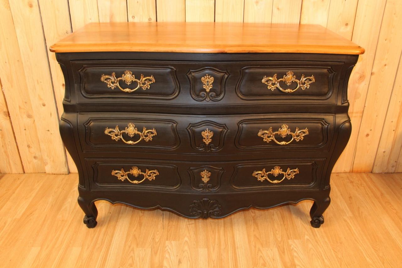 Louis XV style chest of drawers, in solid wood with black trim and solid cherry wood top