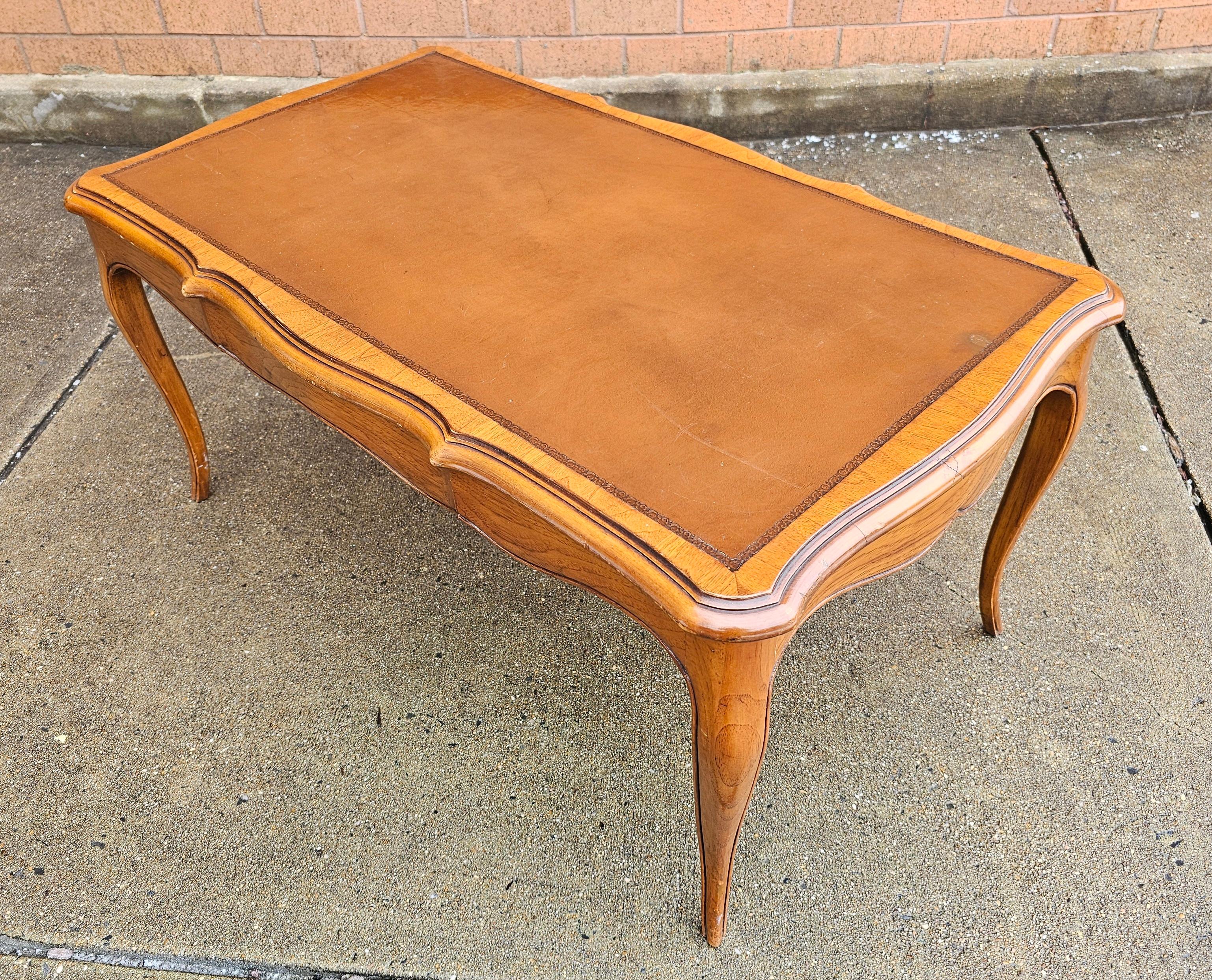 American W & J Sloane Louis XV Style Tooled Leather Inset Top Walnut Coffee Table For Sale