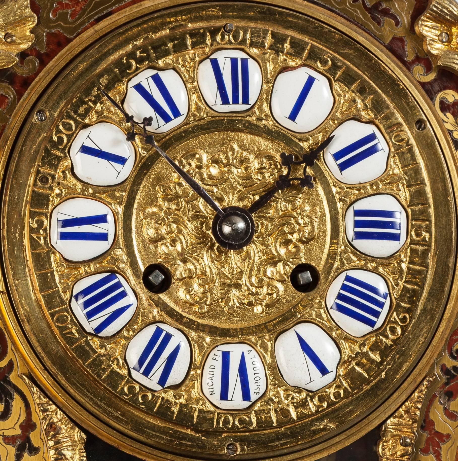 French Louis XV Style Tortoiseshell Boulle Mantel Clock with Matching Shelf