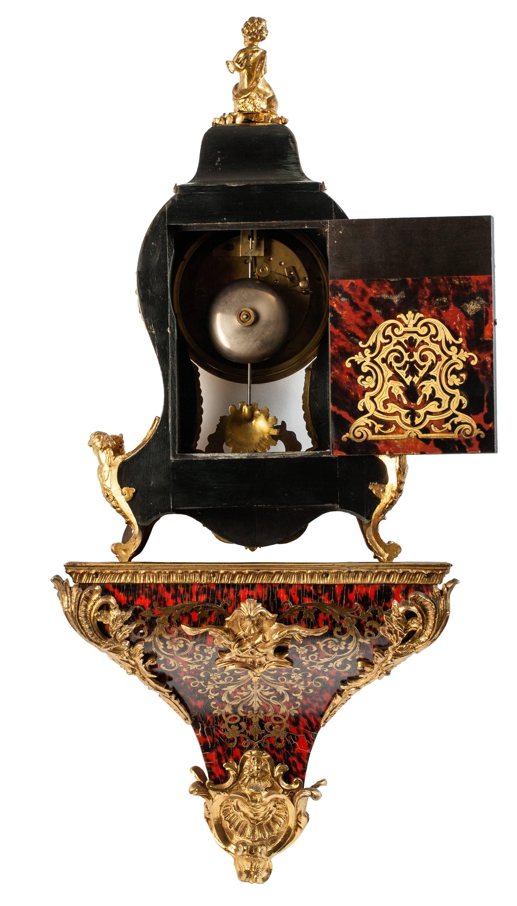 Louis XV Style Tortoiseshell Boulle Mantel Clock with Matching Shelf In Good Condition In Madrid, ES